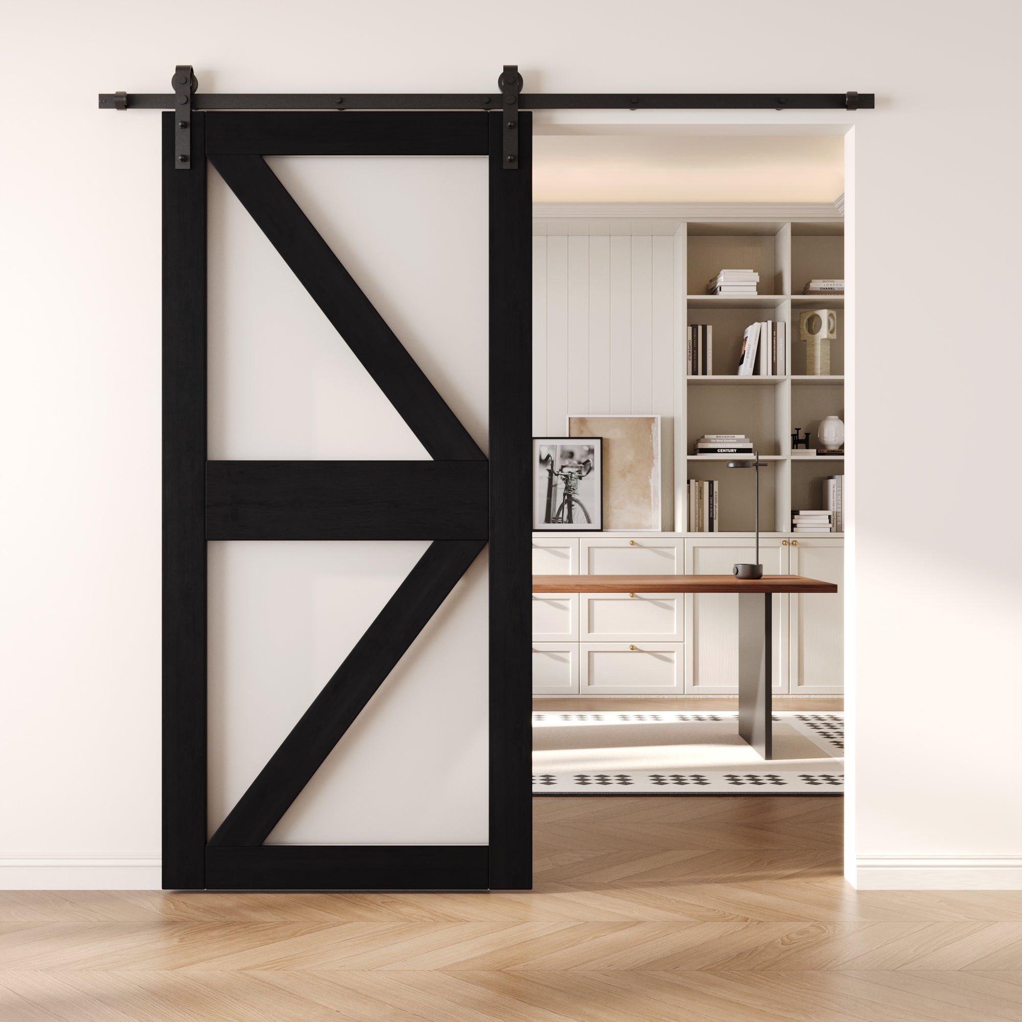 84" Height Black Frosted Glass Arrow Design Unassembled & Finished Pine Wood Barn Door (Interior Use Only)