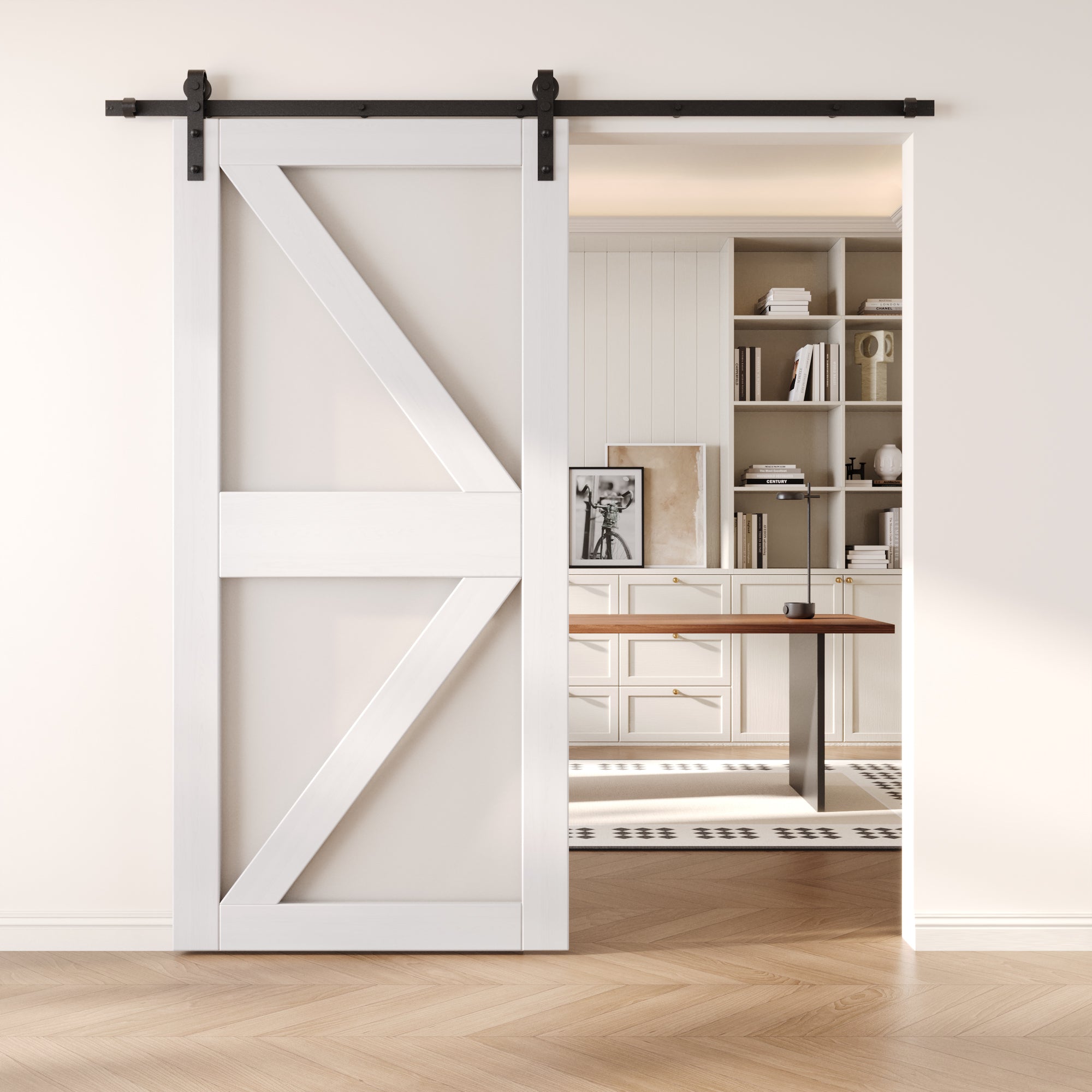 84" Height White Frosted Glass Arrow Design Unassembled & Finished Pine Wood Barn Door (Interior Use Only)