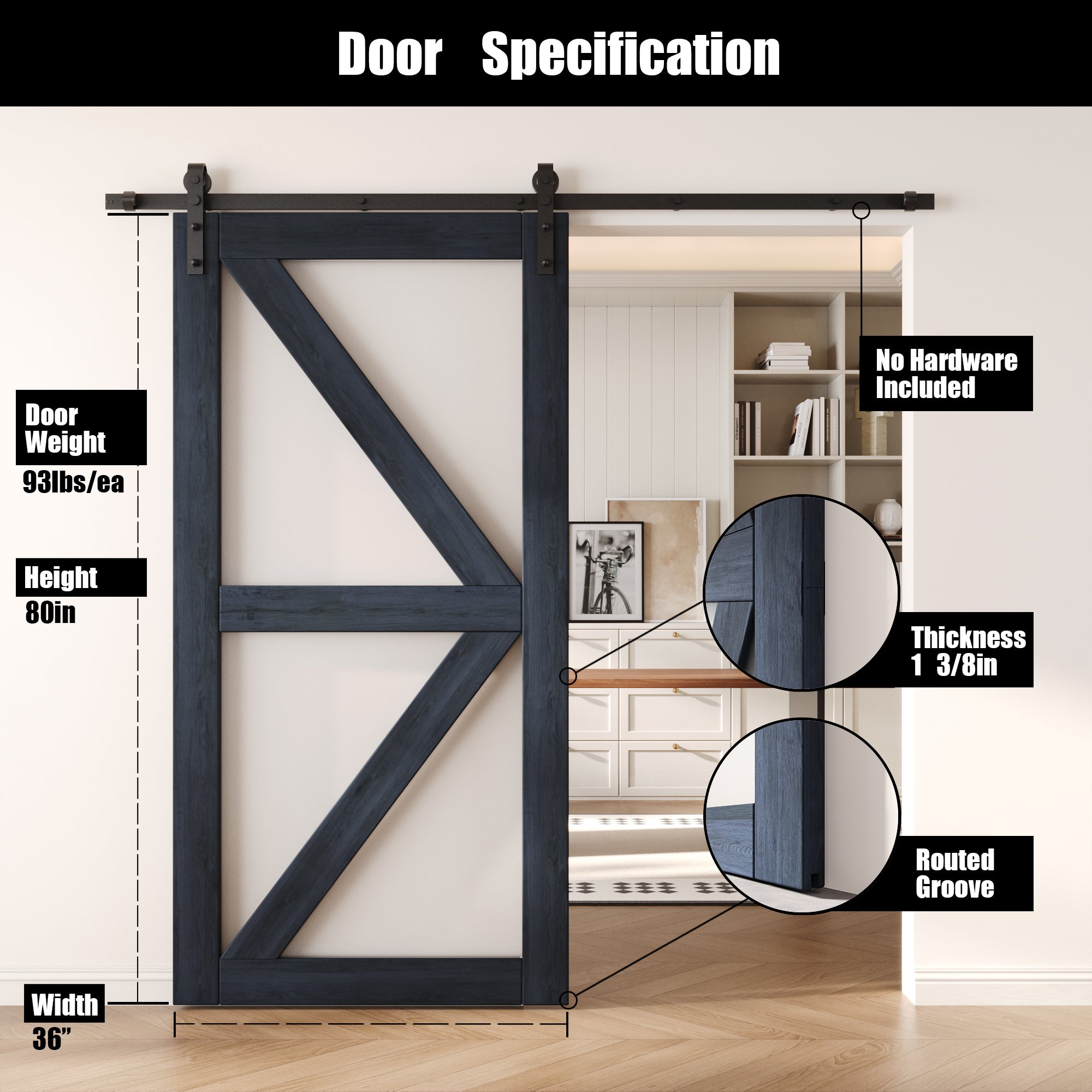80" Height Navy Frosted Glass Arrow Design Unassembled & Finished Pine Wood Barn Door (Interior Use Only)
