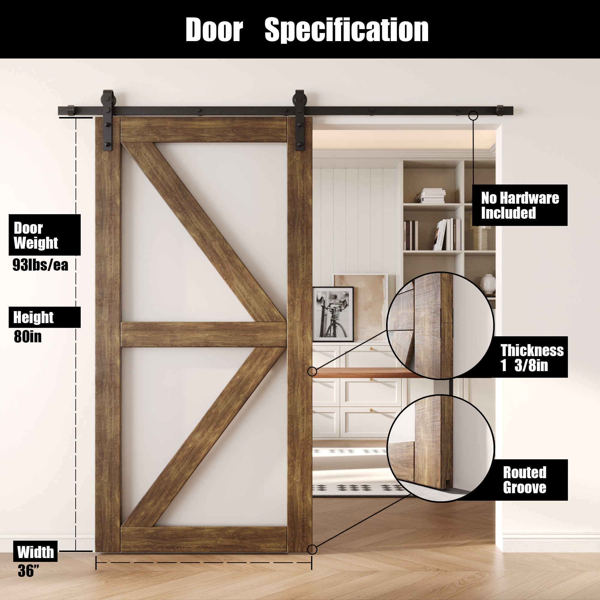 80" Height Dark Walnut Frosted Glass Arrow Design Unassembled & Finished Pine Wood Barn Door (Interior Use Only)
