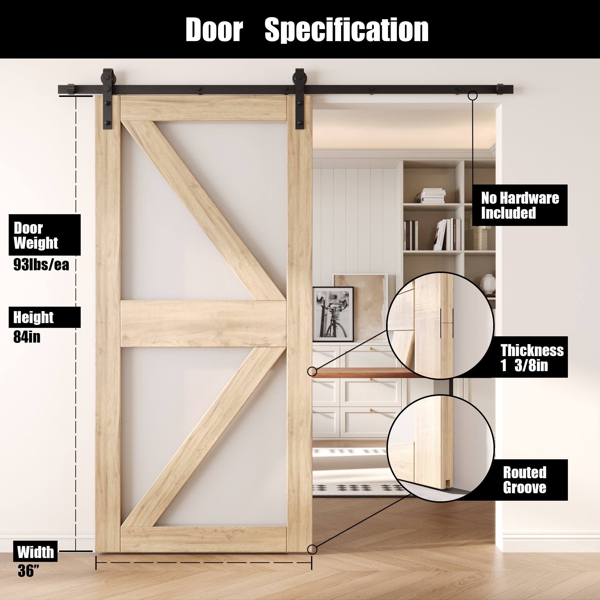 84" Height Arrow Pattern Glass Unassembled & Unfinished Pine Wood Barn Door (Interior Use Only)
