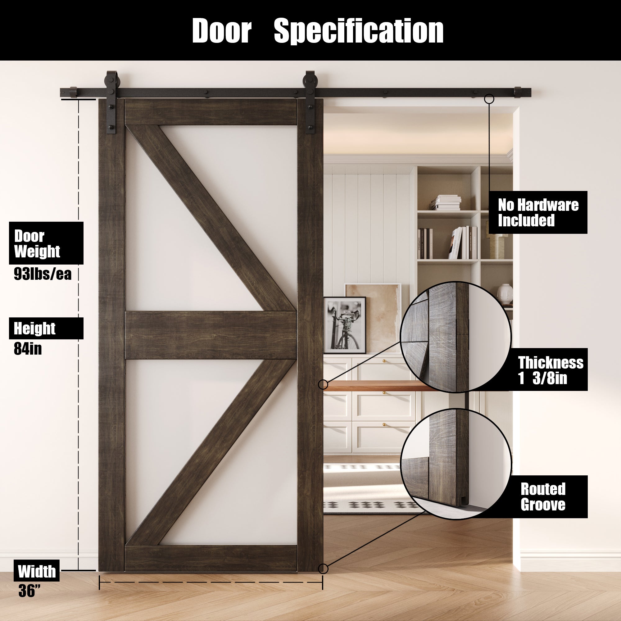 84" Height Ebony Frosted Glass Arrow Design Unassembled & Finished Pine Wood Barn Door (Interior Use Only)