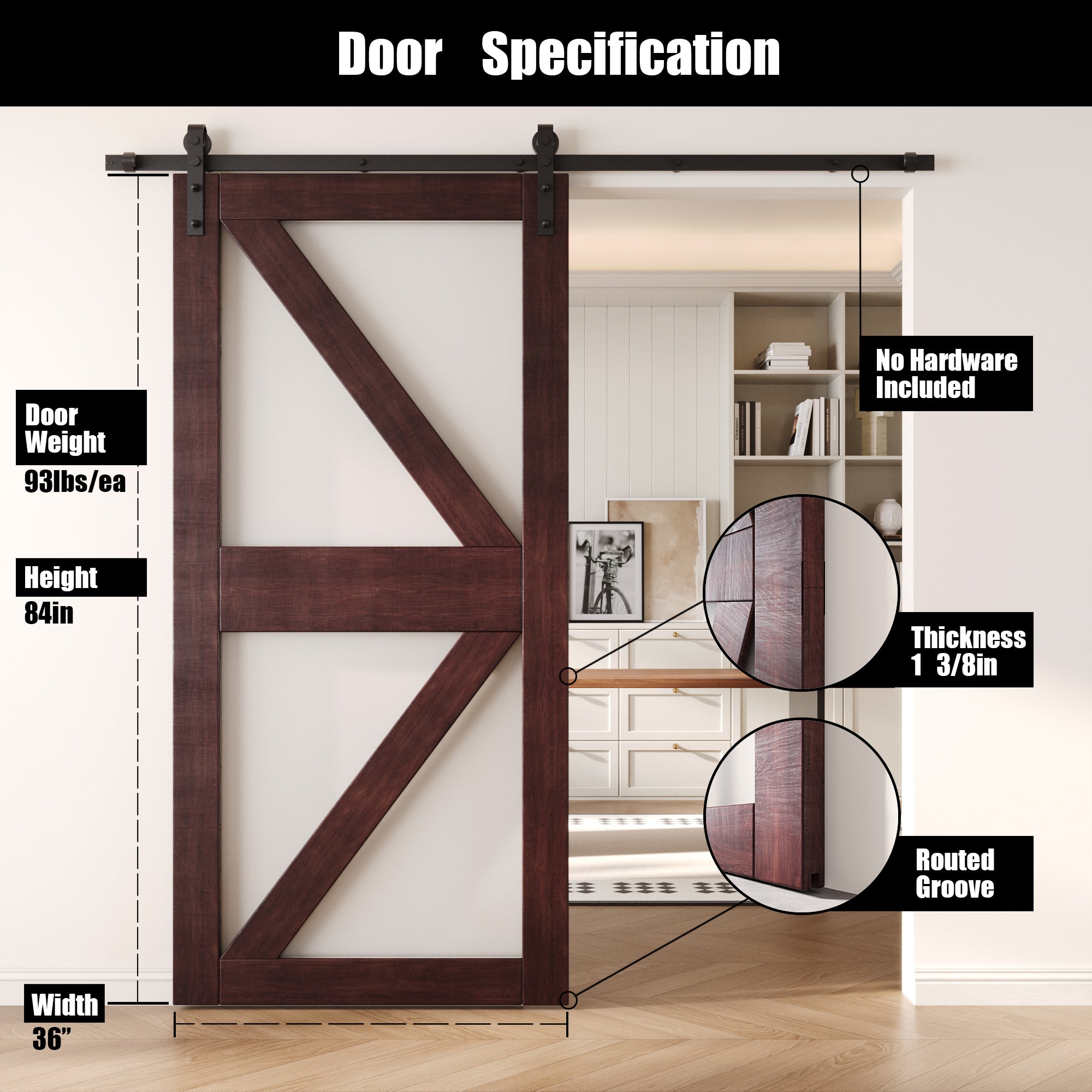 84" Height Red Mahogany Frosted Glass Arrow Design Unassembled & Finished Pine Wood Barn Door (Interior Use Only)