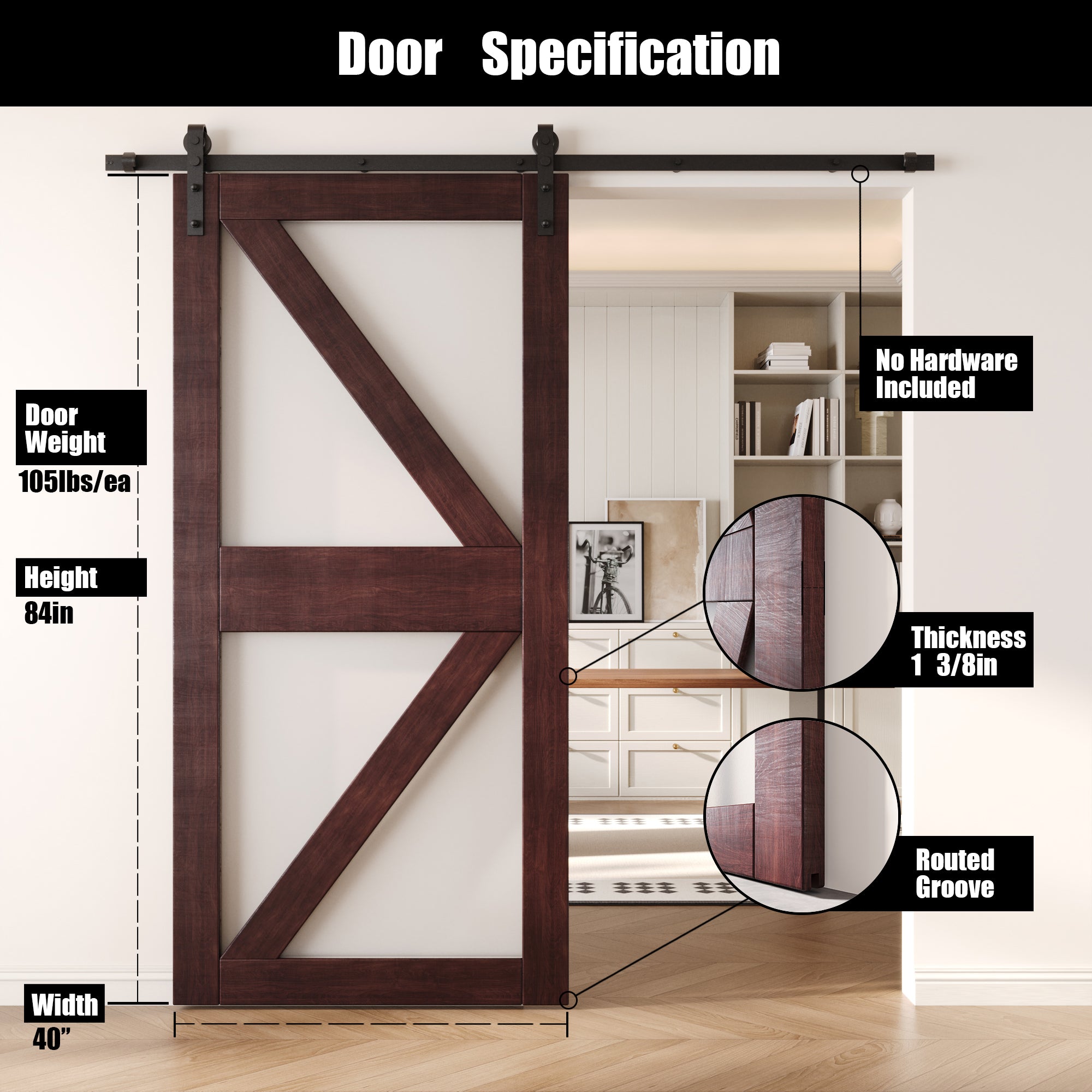 84" Height Red Mahogany Frosted Glass Arrow Design Unassembled & Finished Pine Wood Barn Door (Interior Use Only)