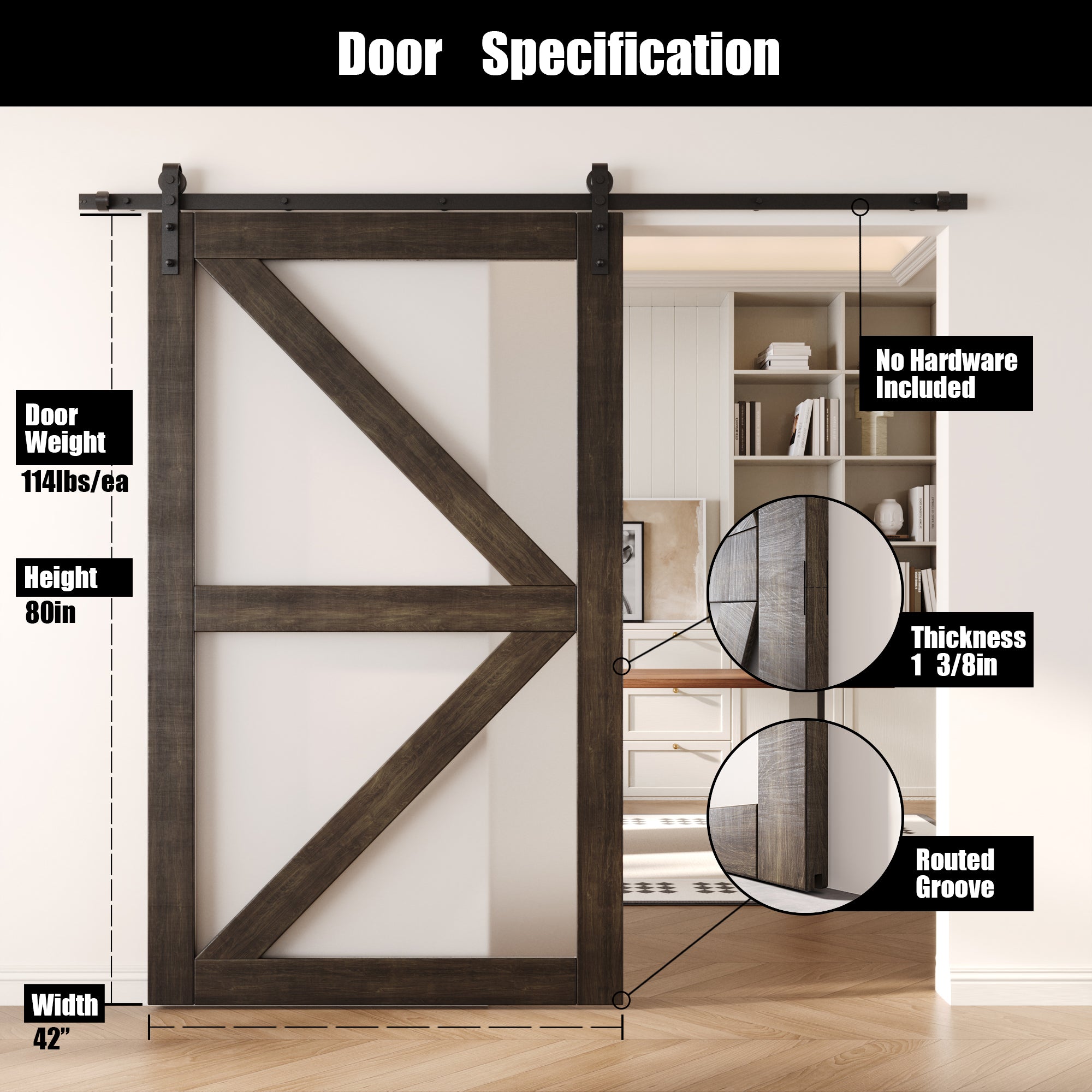 80" Height Ebony Frosted Glass Arrow Design Unassembled & Finished Pine Wood Barn Door (Interior Use Only)