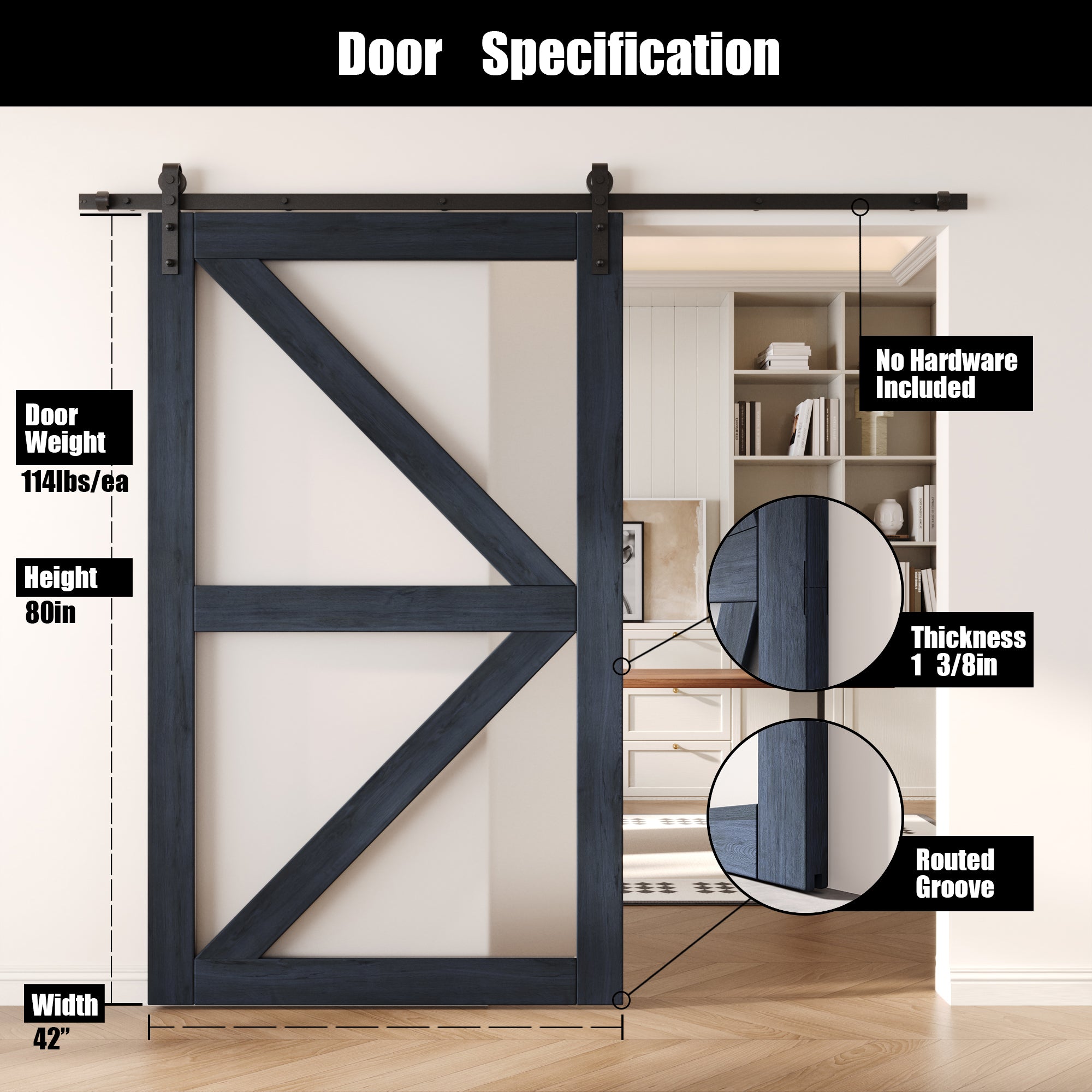 80" Height Navy Frosted Glass Arrow Design Unassembled & Finished Pine Wood Barn Door (Interior Use Only)