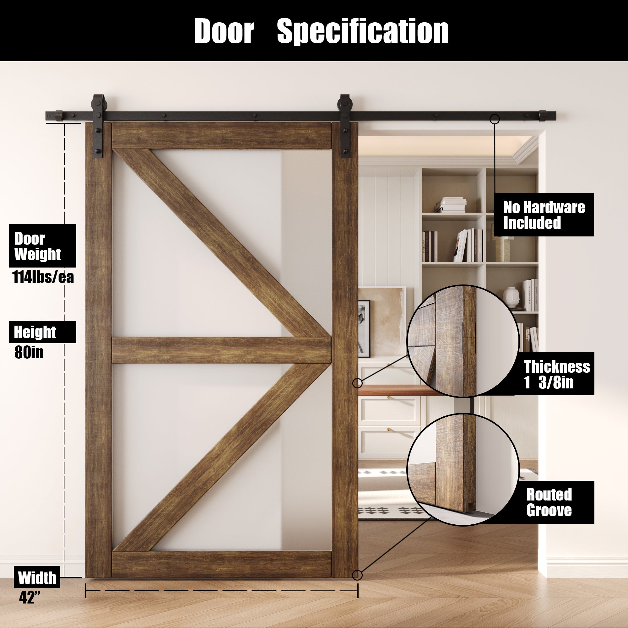 80" Height Dark Walnut Frosted Glass Arrow Design Unassembled & Finished Pine Wood Barn Door (Interior Use Only)