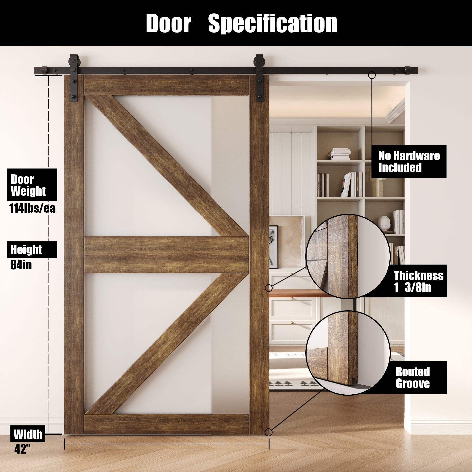 84" Height Dark Walnut Frosted Glass Arrow Design Unassembled & Finished Pine Wood Barn Door (Interior Use Only)