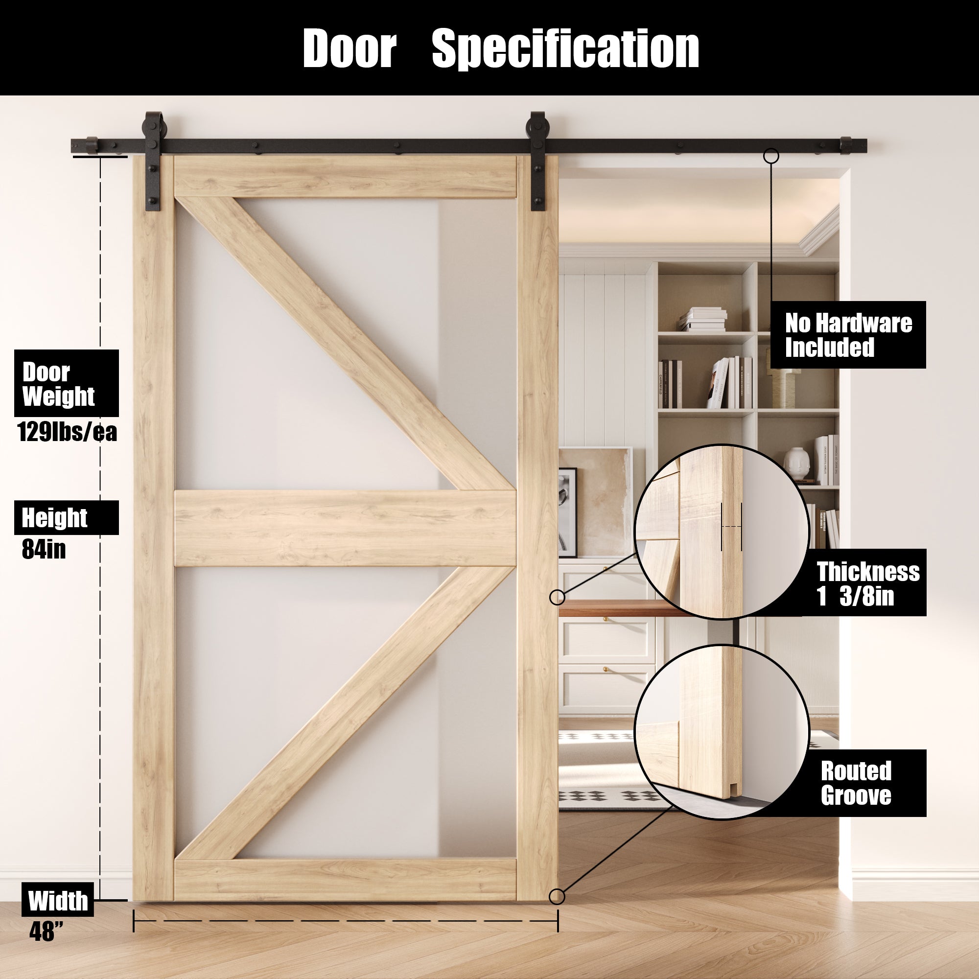 84" Height Arrow Pattern Glass Unassembled & Unfinished Pine Wood Barn Door (Interior Use Only)