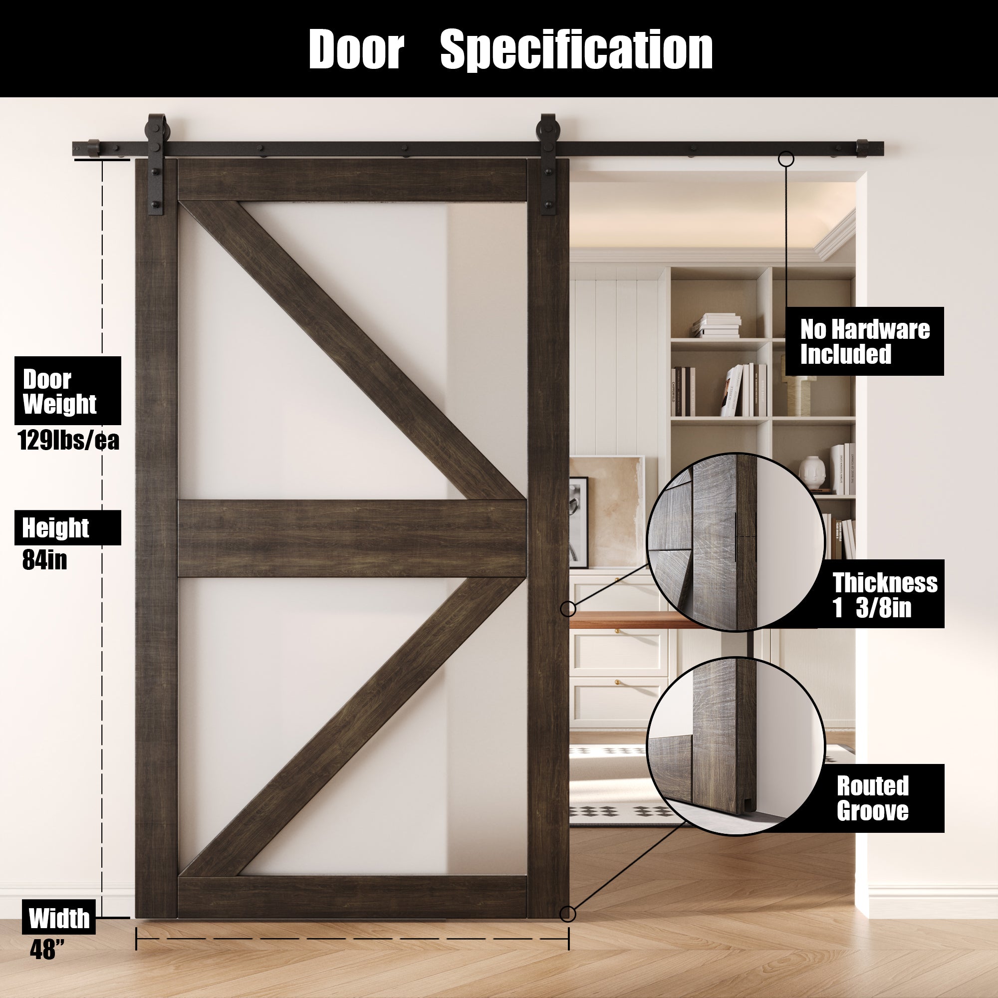 84" Height Ebony Frosted Glass Arrow Design Unassembled & Finished Pine Wood Barn Door (Interior Use Only)