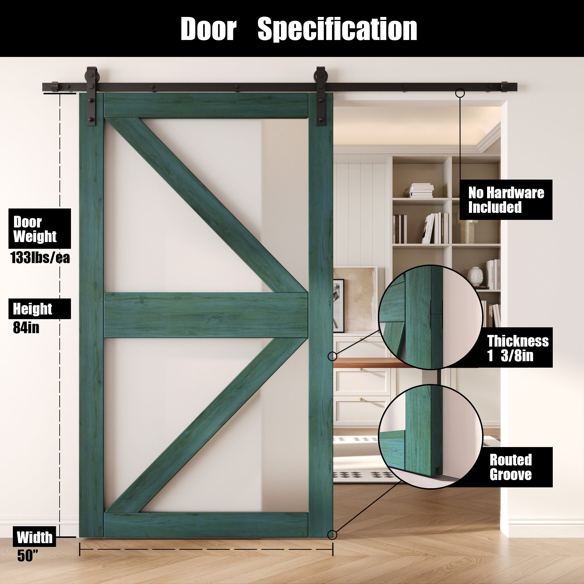 84" Height Royal Pine Frosted Glass Arrow Design Unassembled & Finished Pine Wood Barn Door (Interior Use Only)