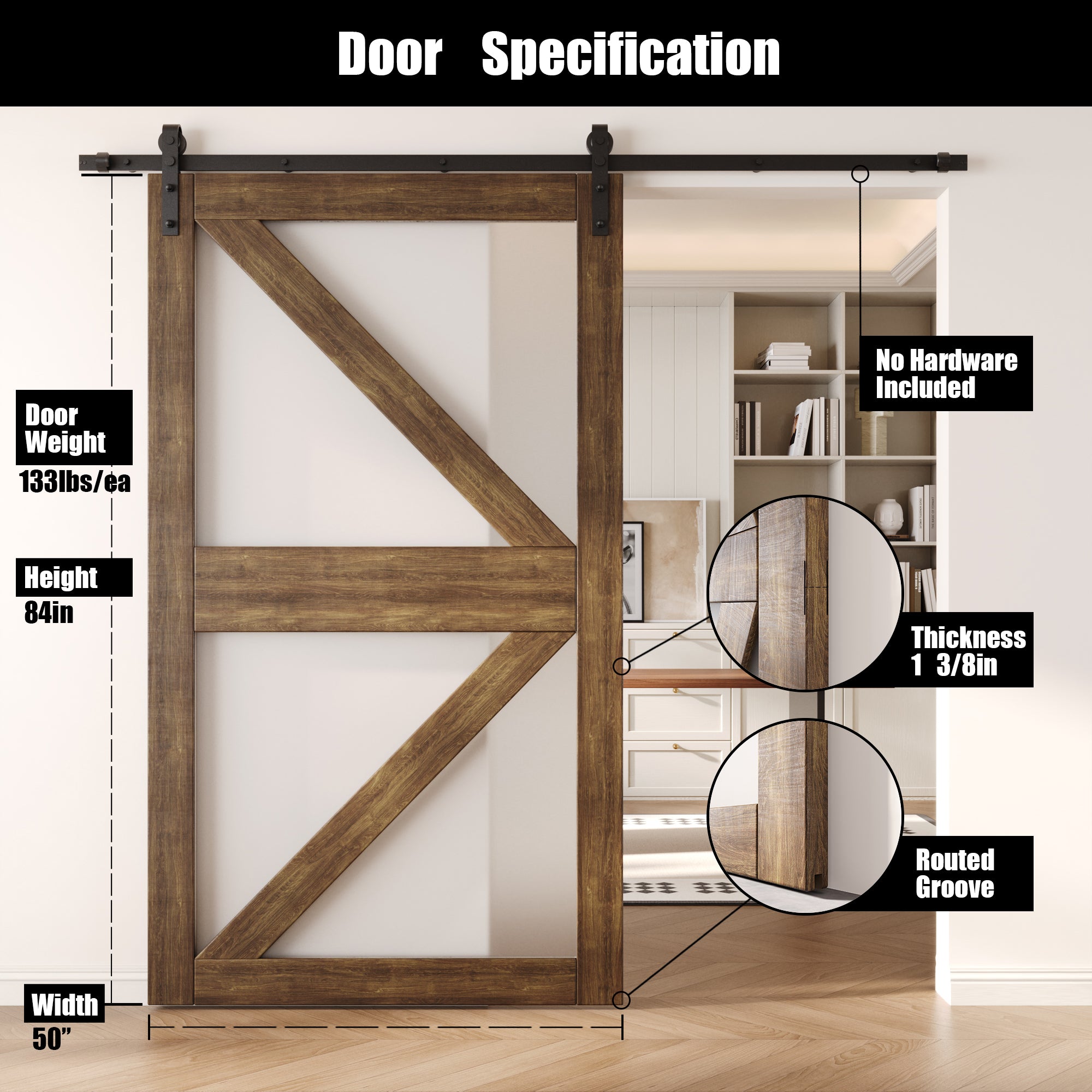 84" Height Dark Walnut Frosted Glass Arrow Design Unassembled & Finished Pine Wood Barn Door (Interior Use Only)