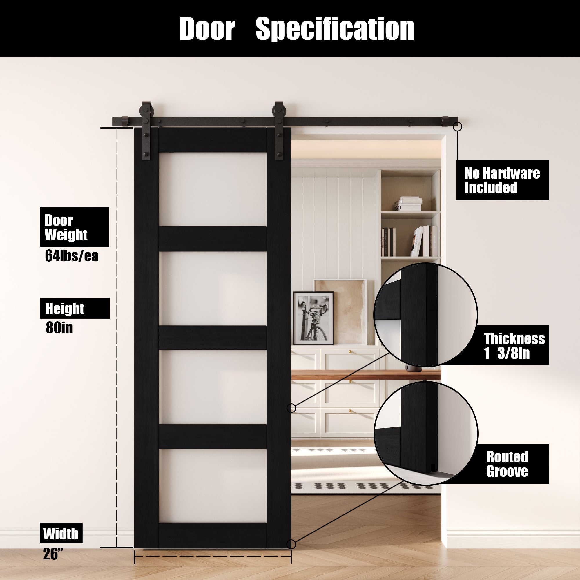 80" Height Black 4-Lite Frosted Glass Unassembled & Finished Pine Wood Barn Door (Interior Use Only)
