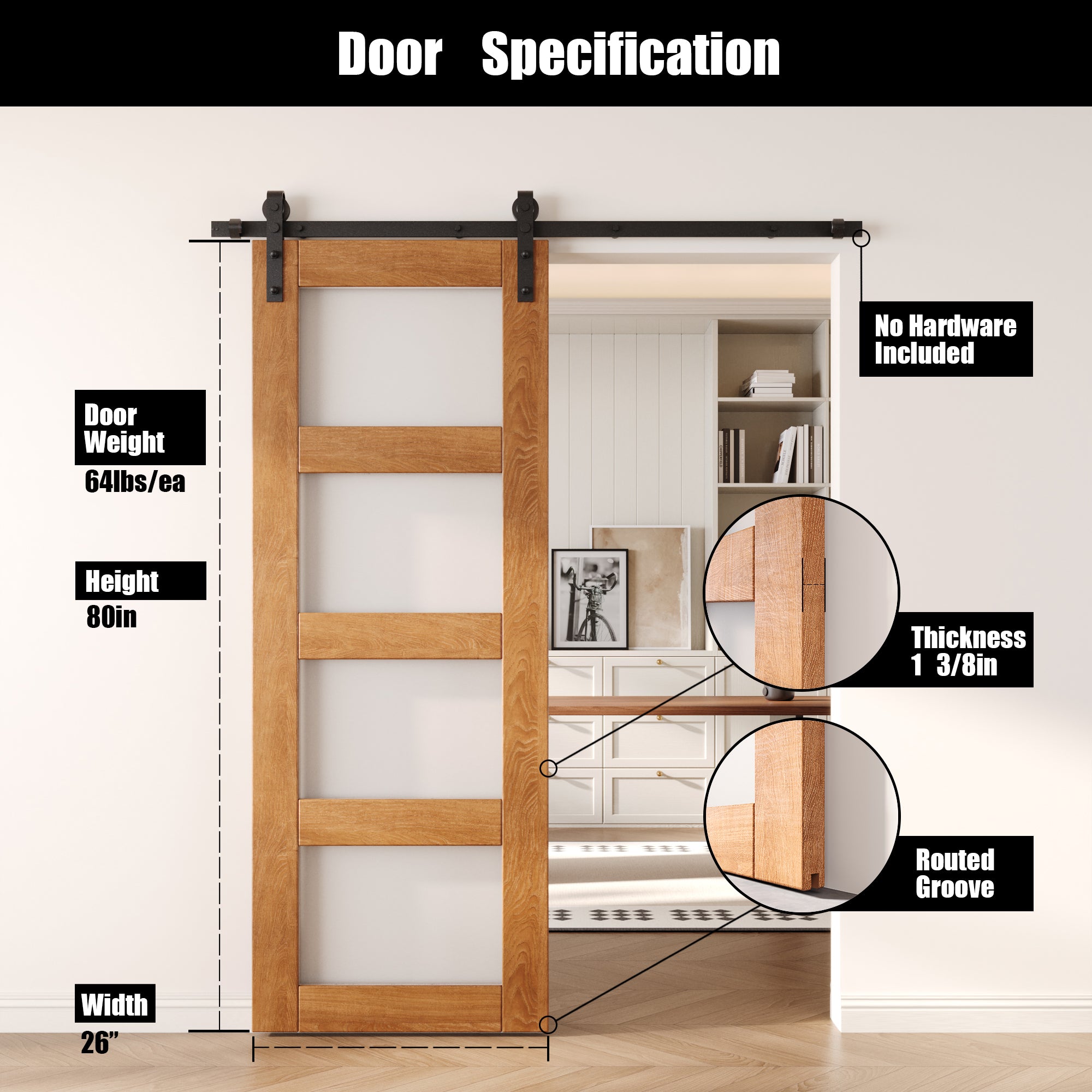 80" Height Early American 4-Lite Frosted Glass Unassembled & Finished Pine Wood Barn Door (Interior Use Only)
