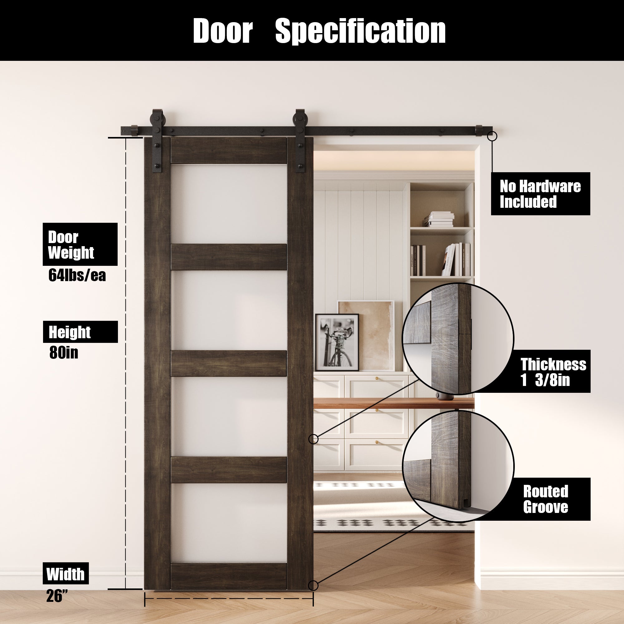 80" Height Ebony 4-Lite Frosted Glass Unassembled & Finished Pine Wood Barn Door (Interior Use Only)