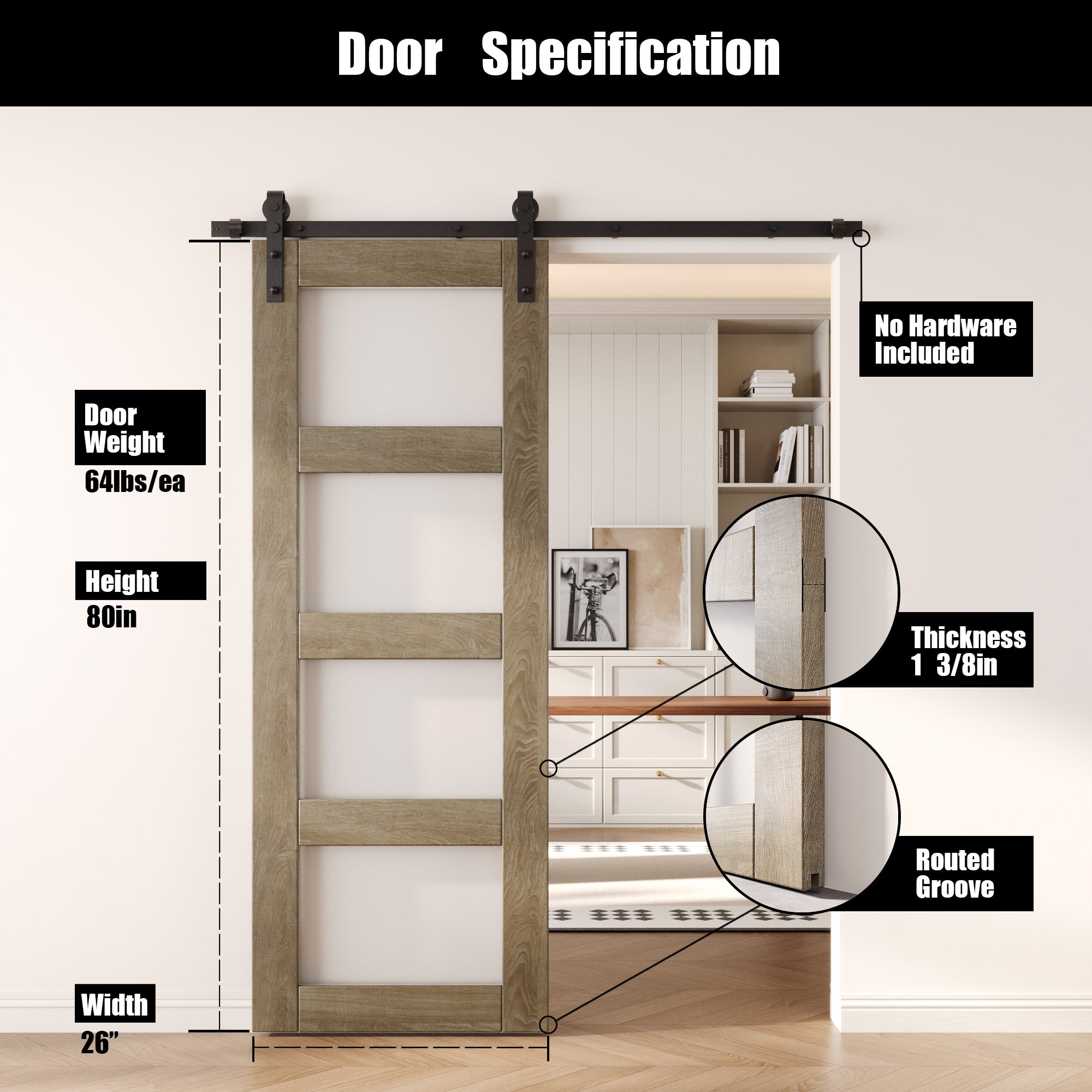 80" Height Classic Gray 4-Lite Frosted Glass Unassembled & Finished Pine Wood Barn Door (Interior Use Only)
