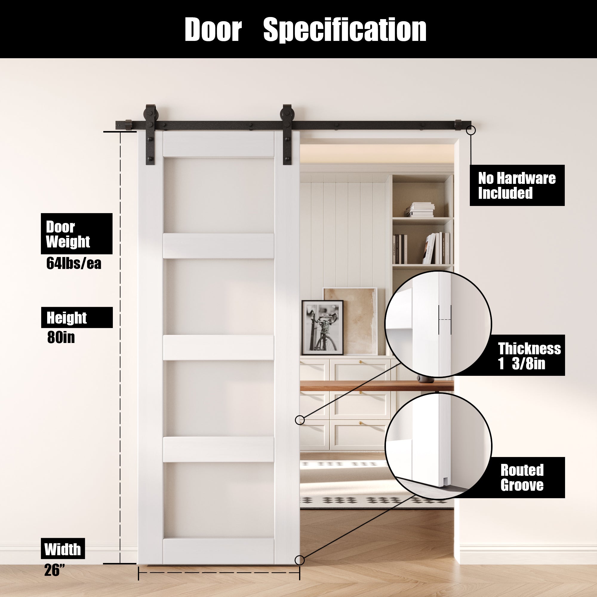 80" Height White 4-Lite Frosted Glass Unassembled & Finished Pine Wood Barn Door (Interior Use Only)