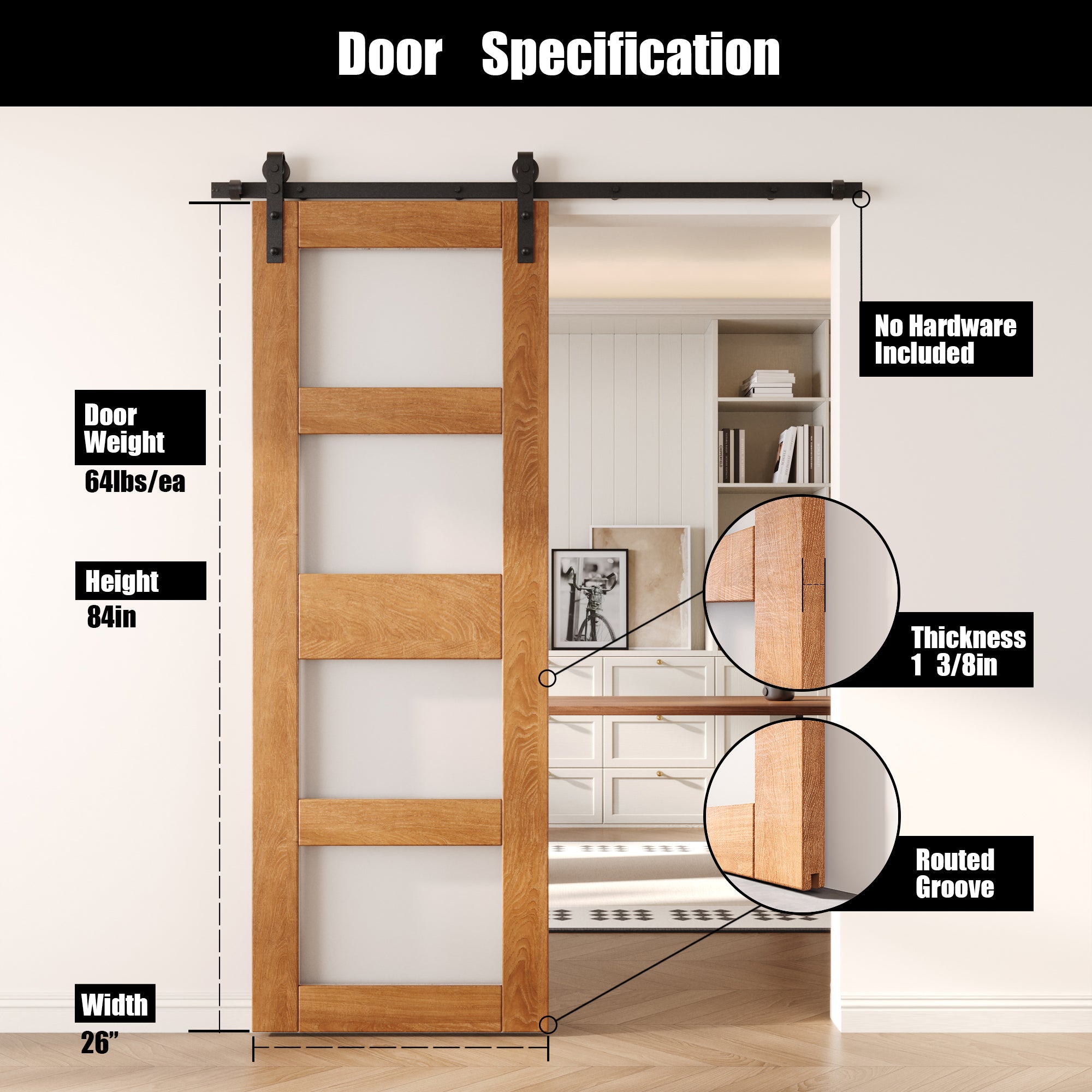 84" Height Early American 4-Lite Frosted Glass Unassembled & Finished Pine Wood Barn Door (Interior Use Only)