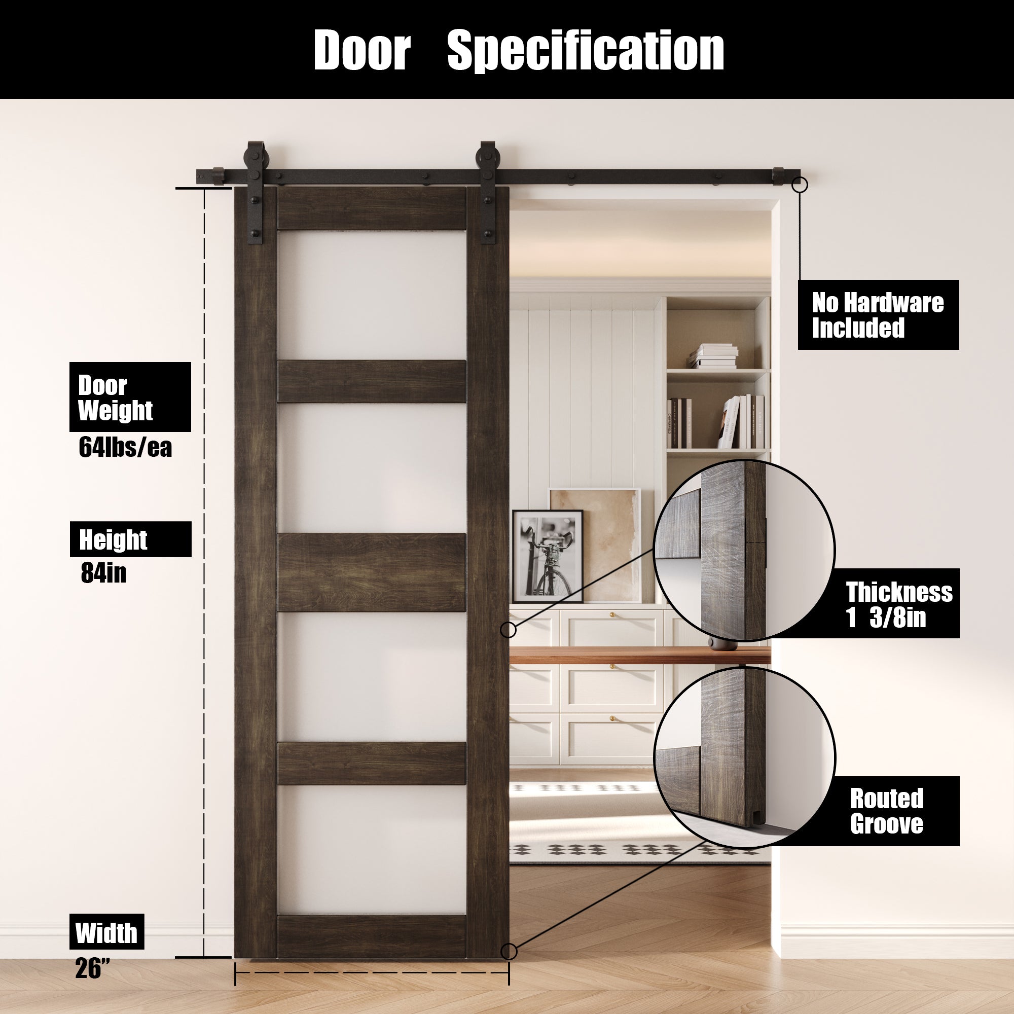 84" Height Ebony 4-Lite Frosted Glass Unassembled & Finished Pine Wood Barn Door (Interior Use Only)