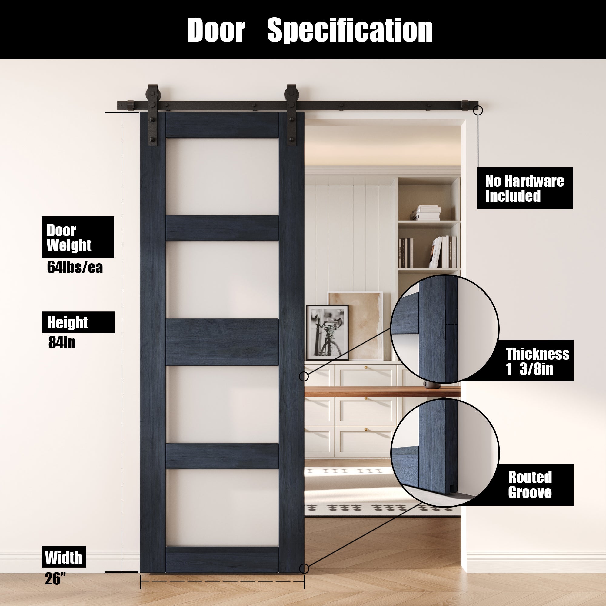 84" Height Navy 4-Lite Frosted Glass Unassembled & Finished Pine Wood Barn Door (Interior Use Only)