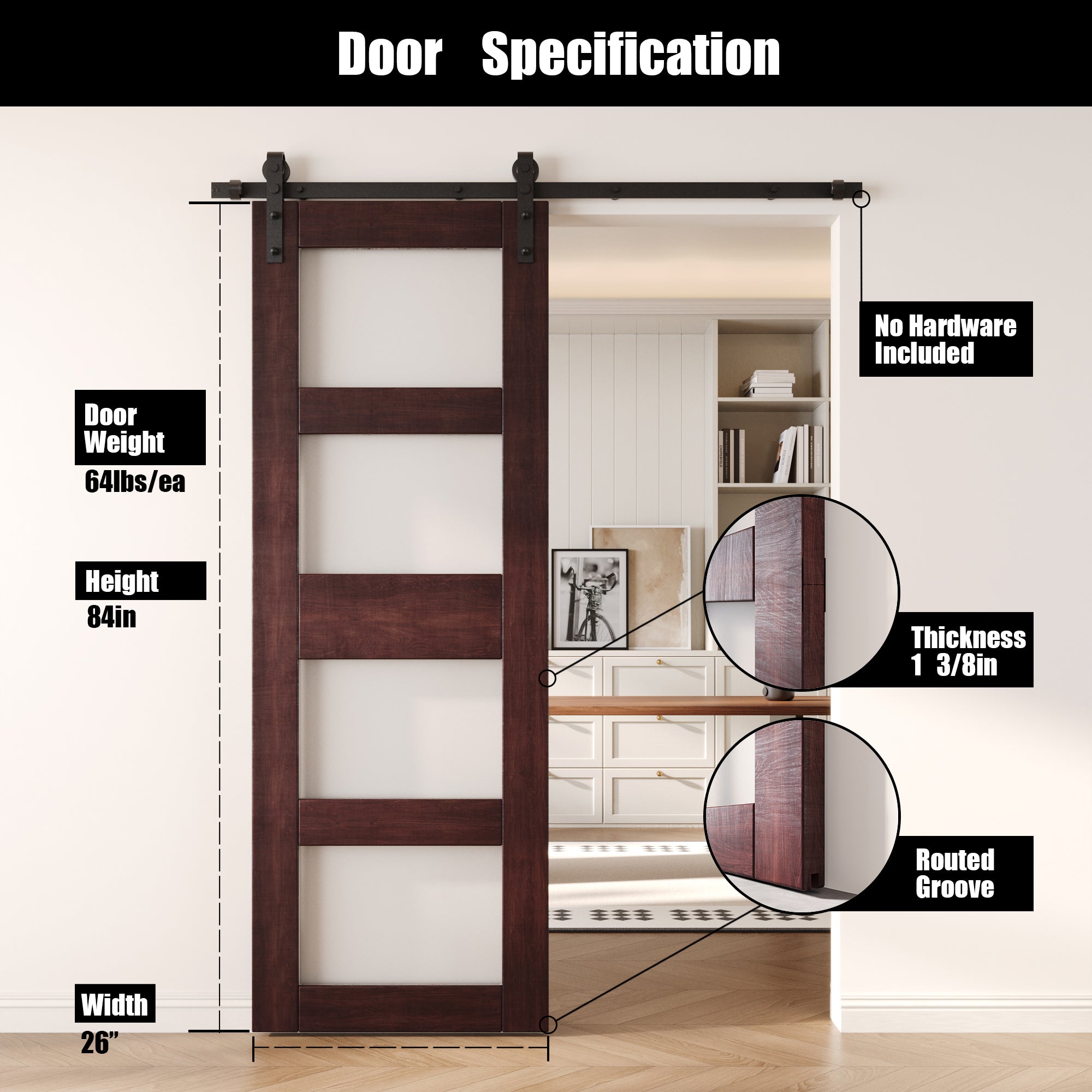 84" Height Red Mahogany 4-Lite Frosted Glass Unassembled & Finished Pine Wood Barn Door (Interior Use Only)