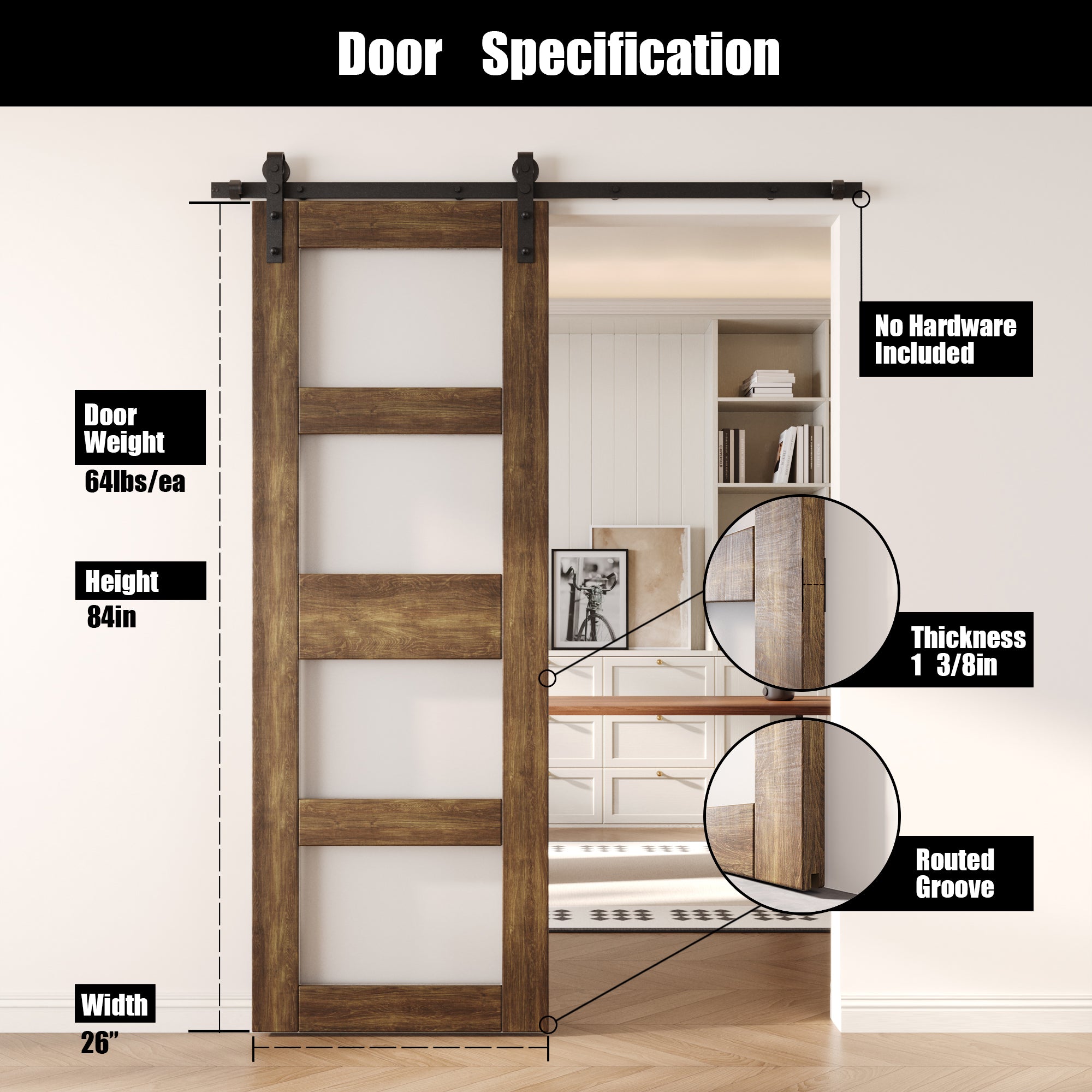 84" Height Dark Walnut 4-Lite Frosted Glass Unassembled & Finished Pine Wood Barn Door (Interior Use Only)