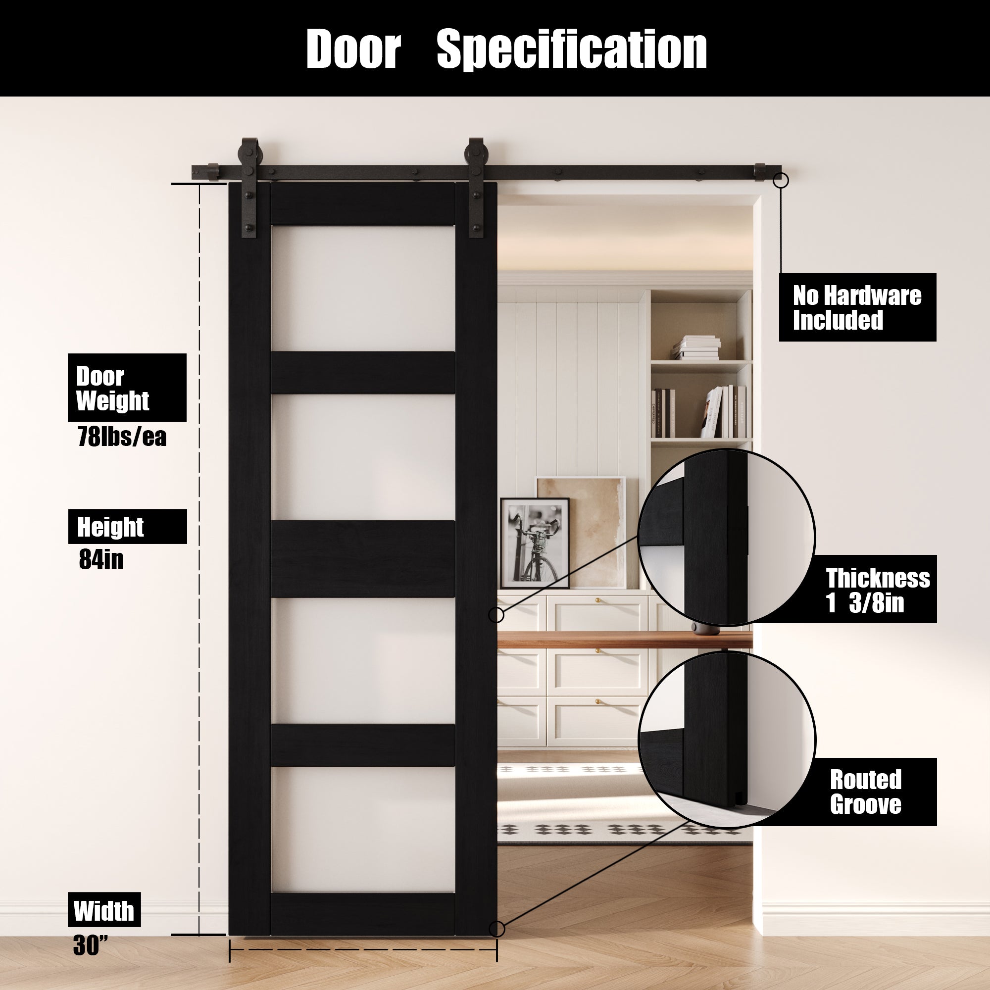 84" Height Black 4-Lite Frosted Glass Unassembled & Finished Pine Wood Barn Door (Interior Use Only)