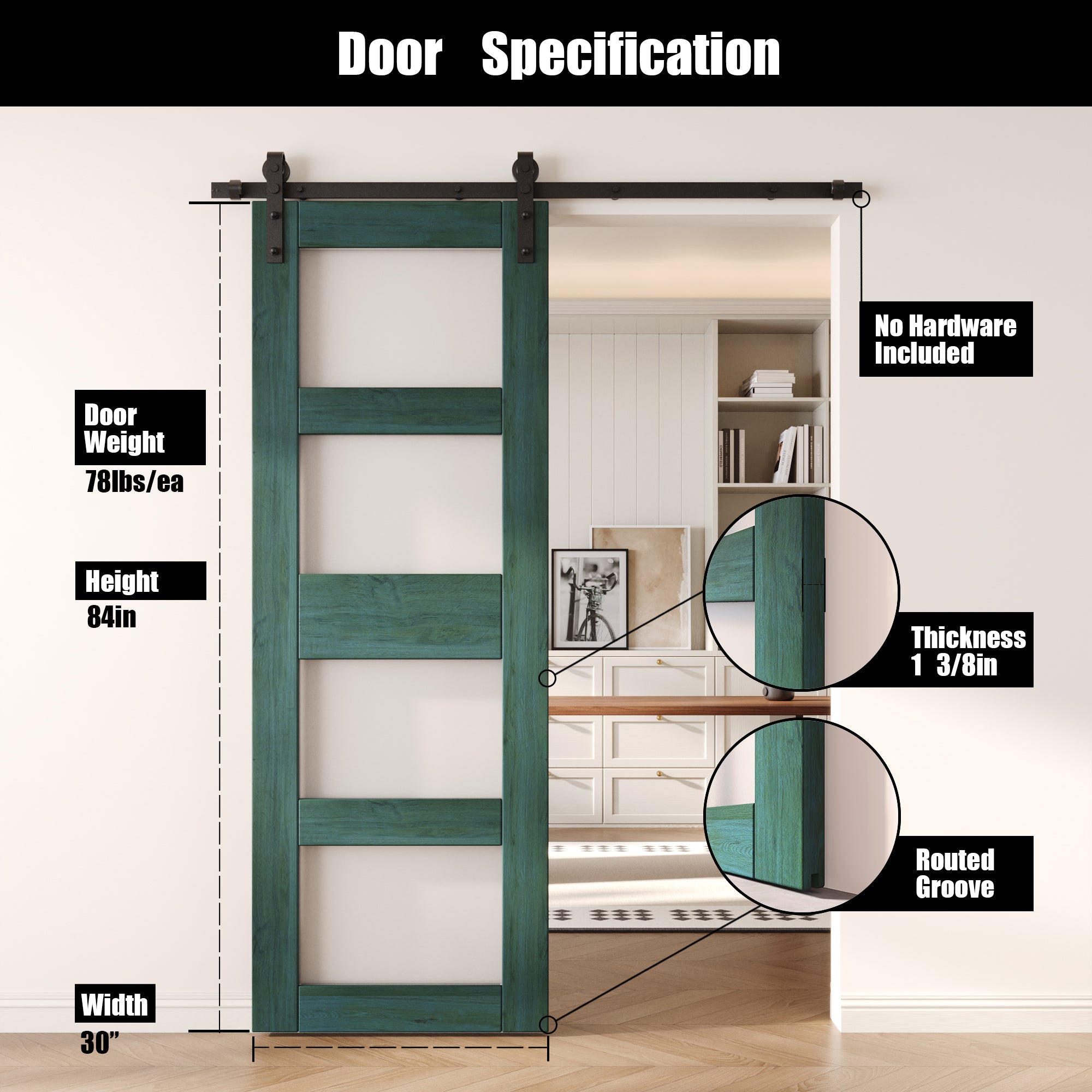 84" Height Royal Pine 4-Lite Frosted Glass Unassembled & Finished Pine Wood Barn Door (Interior Use Only)