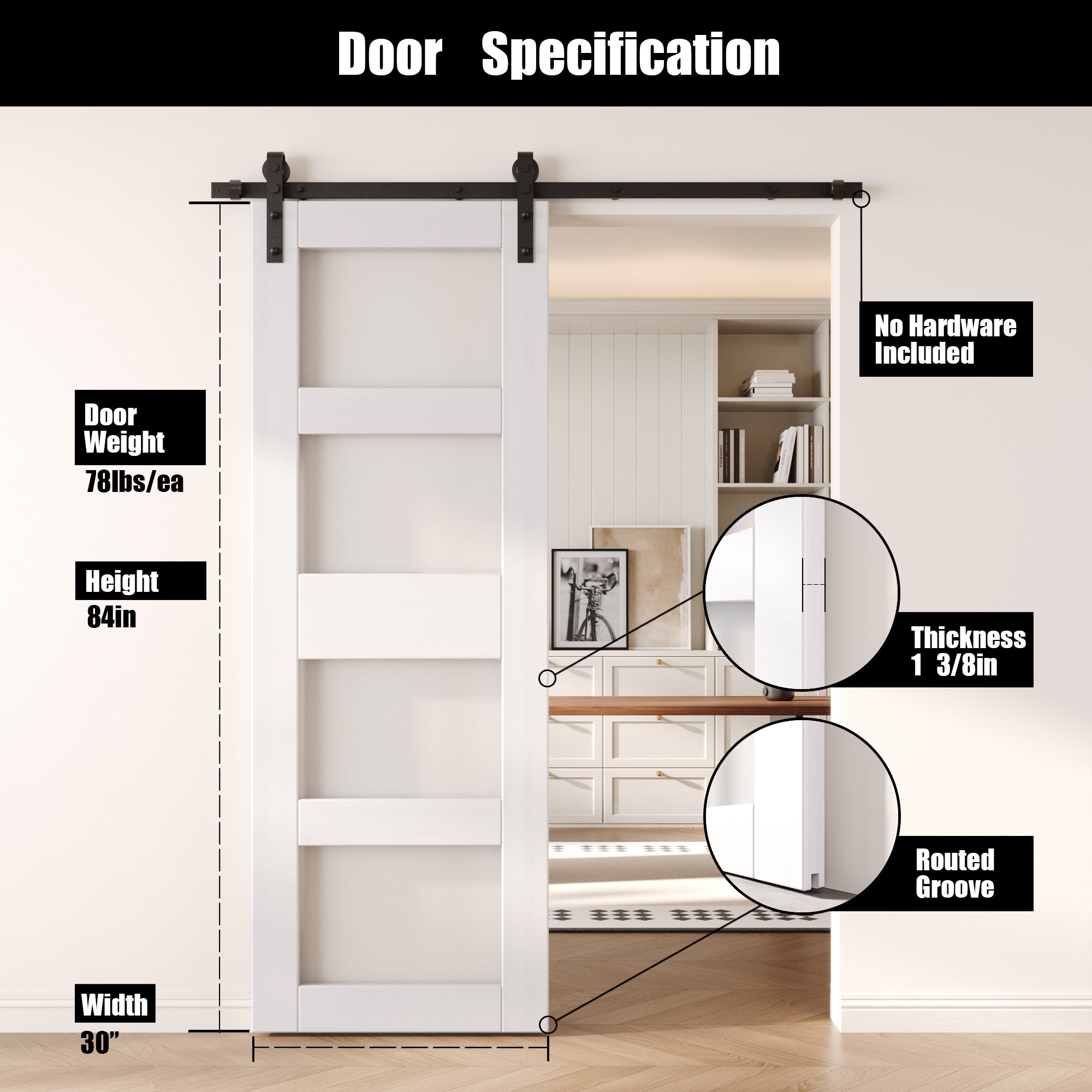 84" Height White 4-Lite Frosted Glass Unassembled & Finished Pine Wood Barn Door (Interior Use Only)