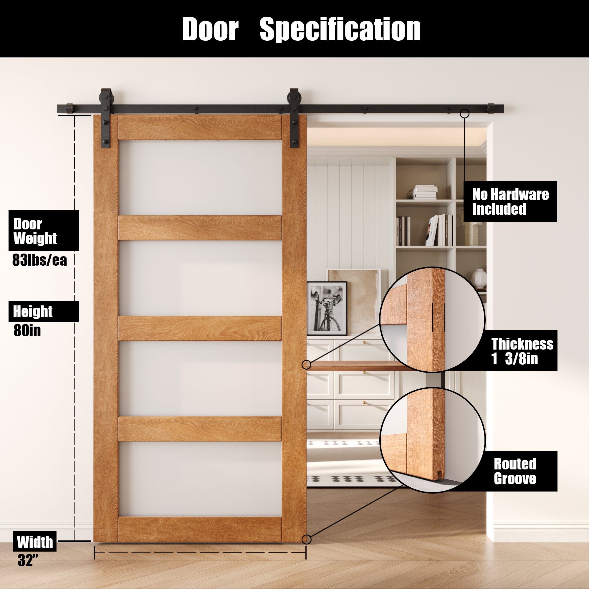 80" Height Early American 4-Lite Frosted Glass Unassembled & Finished Pine Wood Barn Door (Interior Use Only)