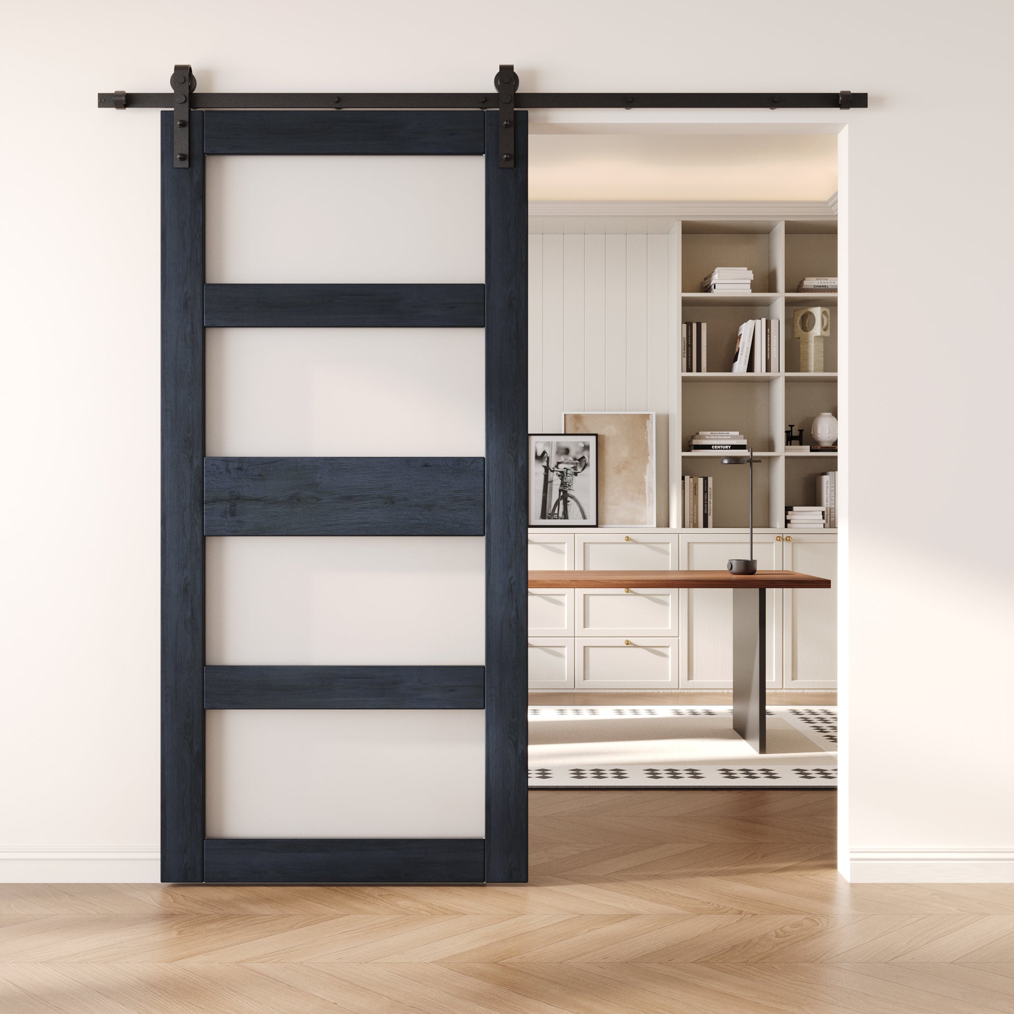 84" Height Navy 4-Lite Frosted Glass Unassembled & Finished Pine Wood Barn Door (Interior Use Only)