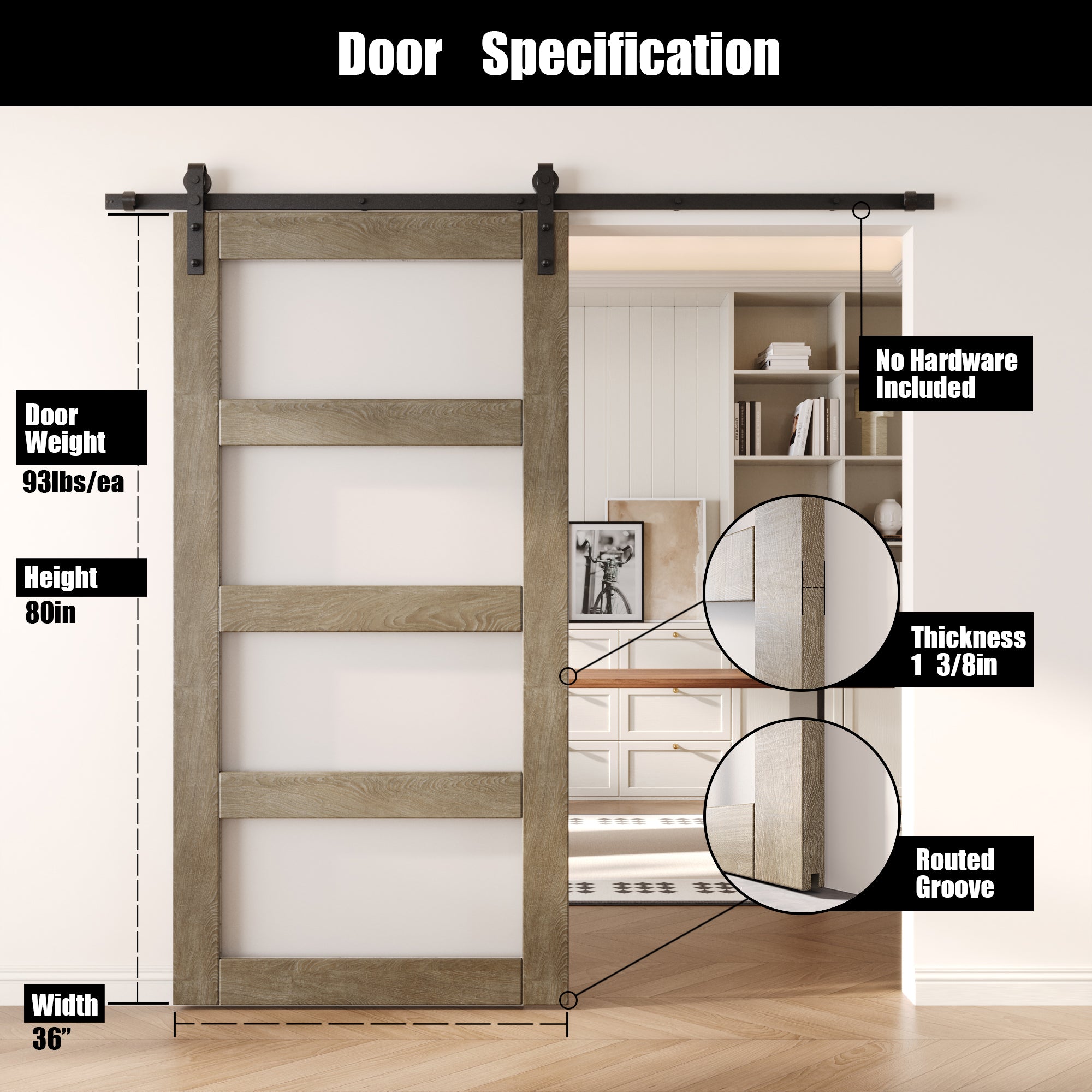80" Height Classic Gray 4-Lite Frosted Glass Unassembled & Finished Pine Wood Barn Door (Interior Use Only)