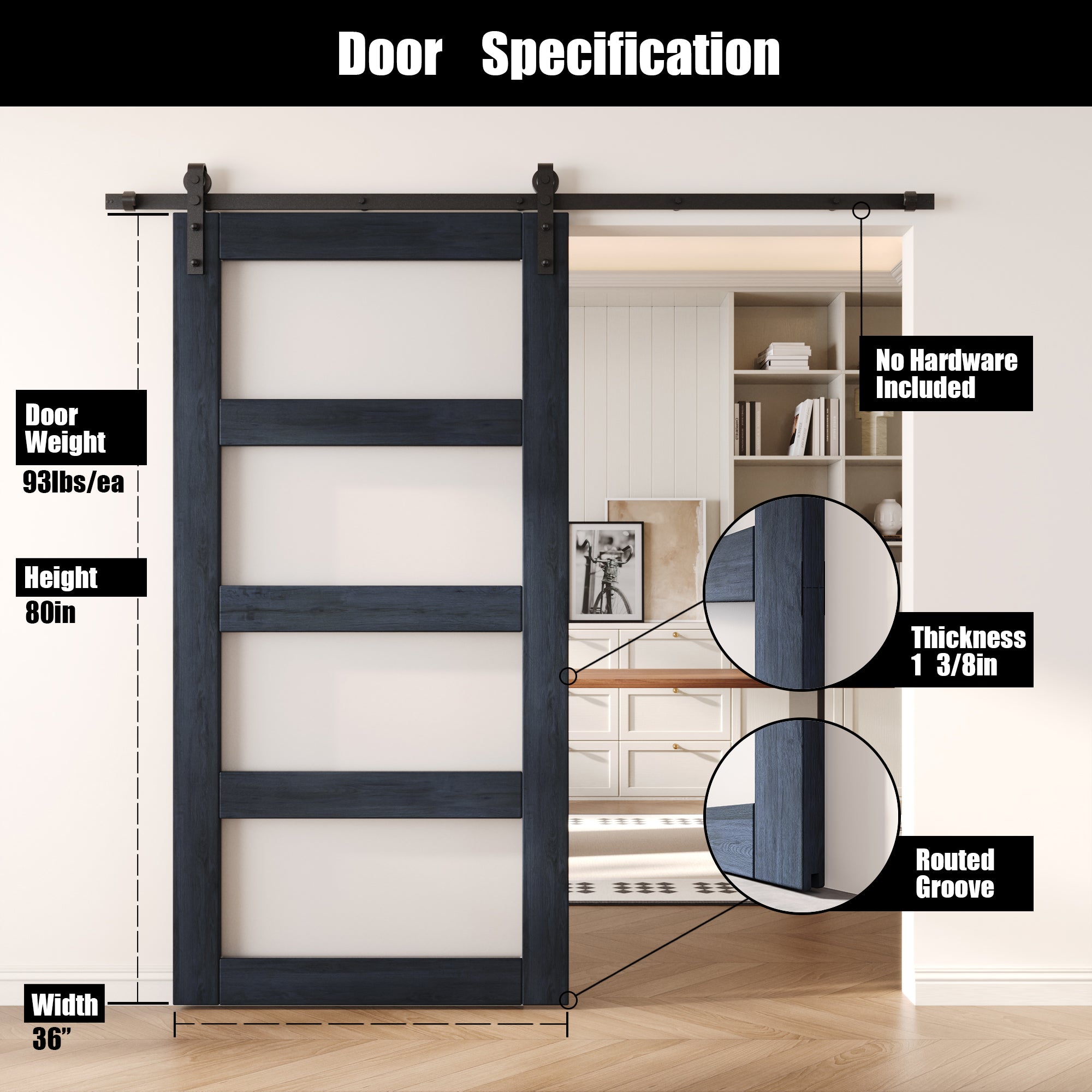 80" Height Navy 4-Lite Frosted Glass Unassembled & Finished Pine Wood Barn Door (Interior Use Only)