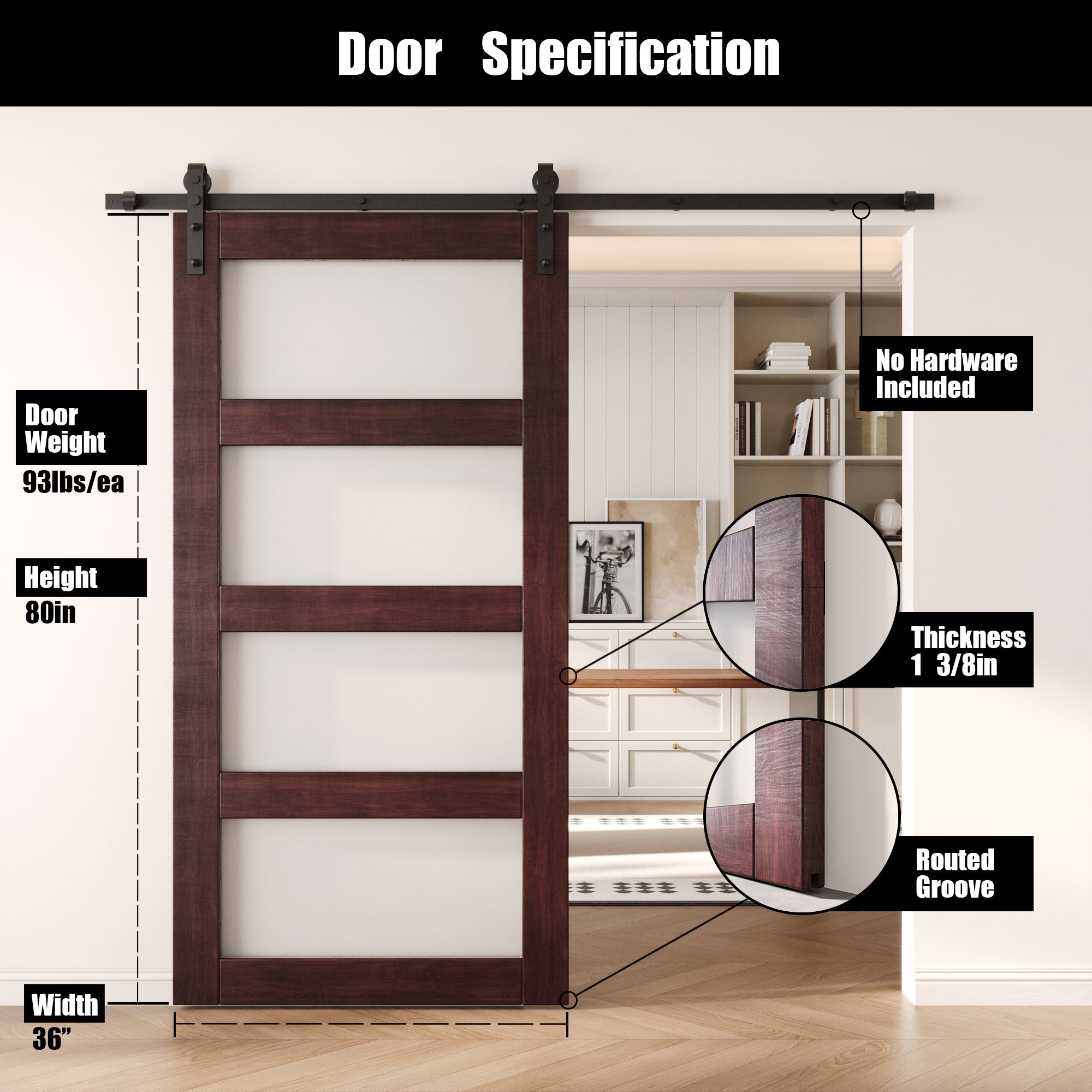 80" Height Red Mahogany 4-Lite Frosted Glass Unassembled & Finished Pine Wood Barn Door (Interior Use Only)