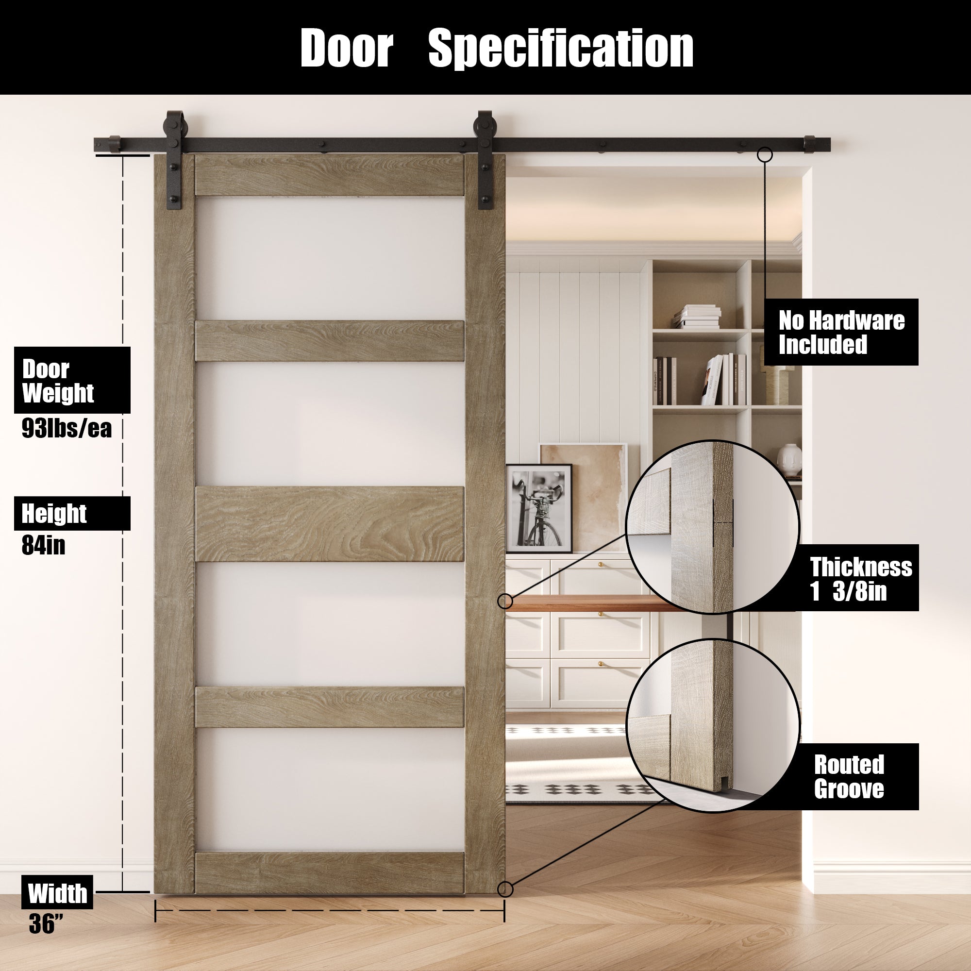 84" Height Classic Gray 4-Lite Frosted Glass Unassembled & Finished Pine Wood Barn Door (Interior Use Only)