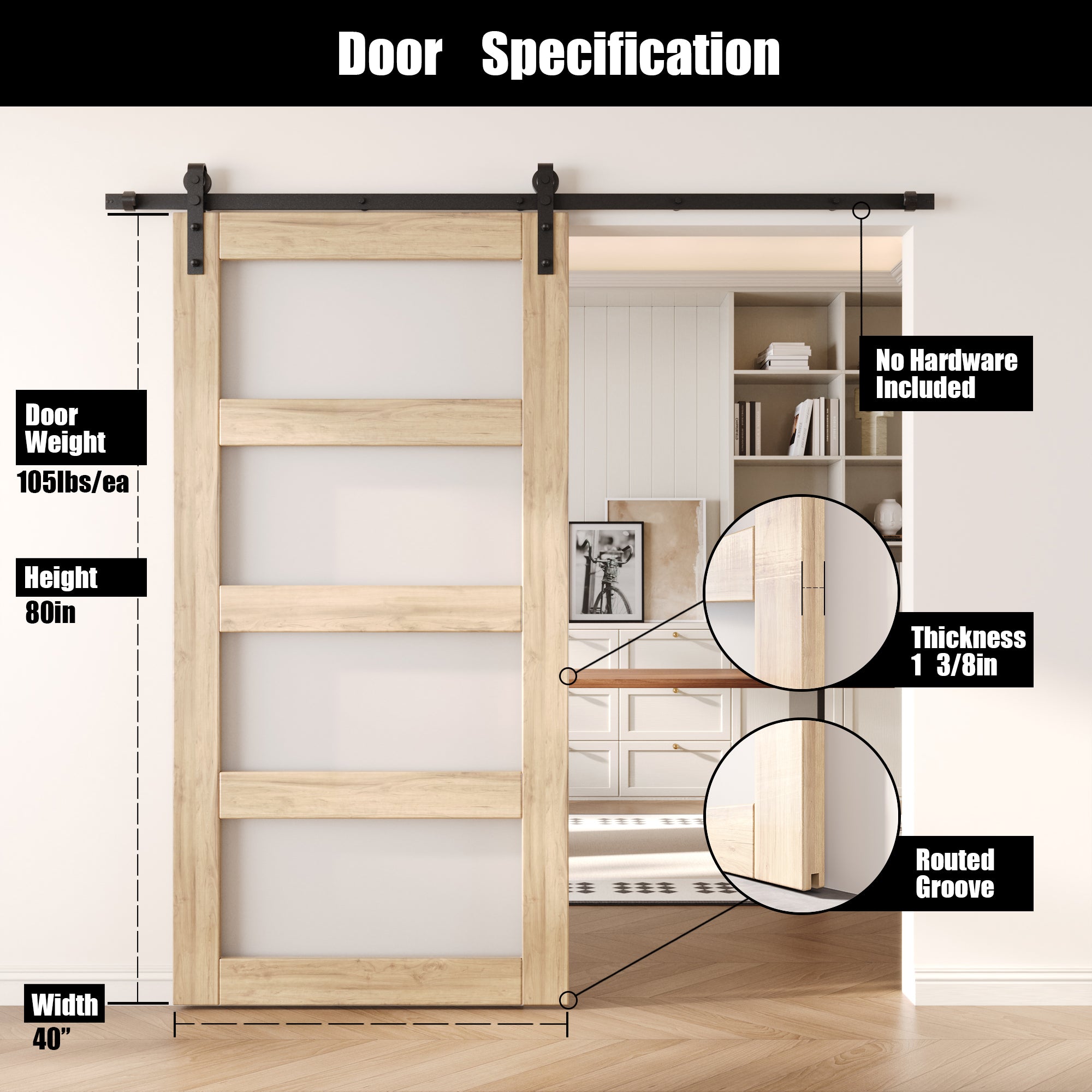 80" Height 4-Lite Frosted Glass Unassembled & Unfinished Pine Wood Barn Door (Interior Use Only)