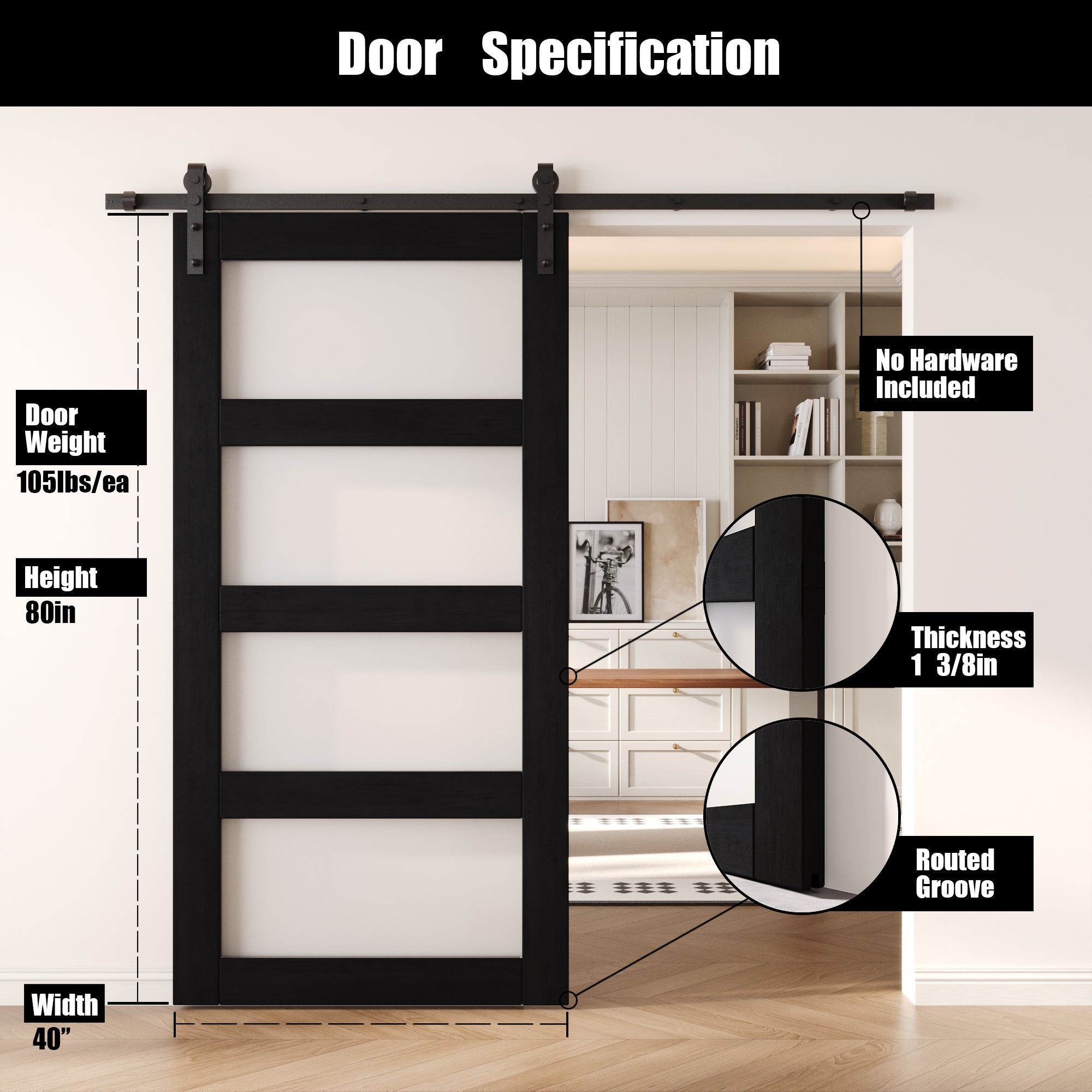 80" Height Black 4-Lite Frosted Glass Unassembled & Finished Pine Wood Barn Door (Interior Use Only)
