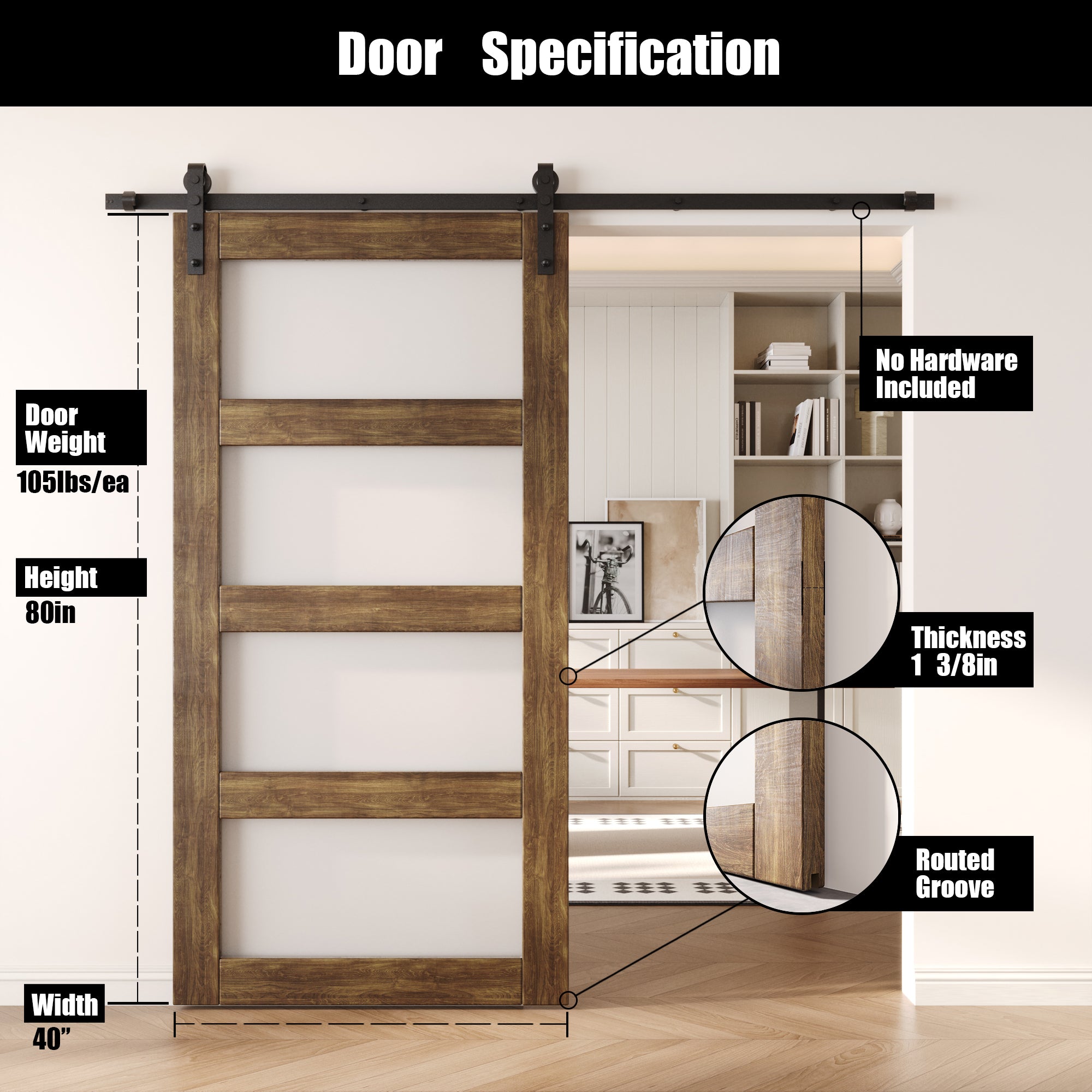 80" Height Dark Walnut 4-Lite Frosted Glass Unassembled & Finished Pine Wood Barn Door (Interior Use Only)