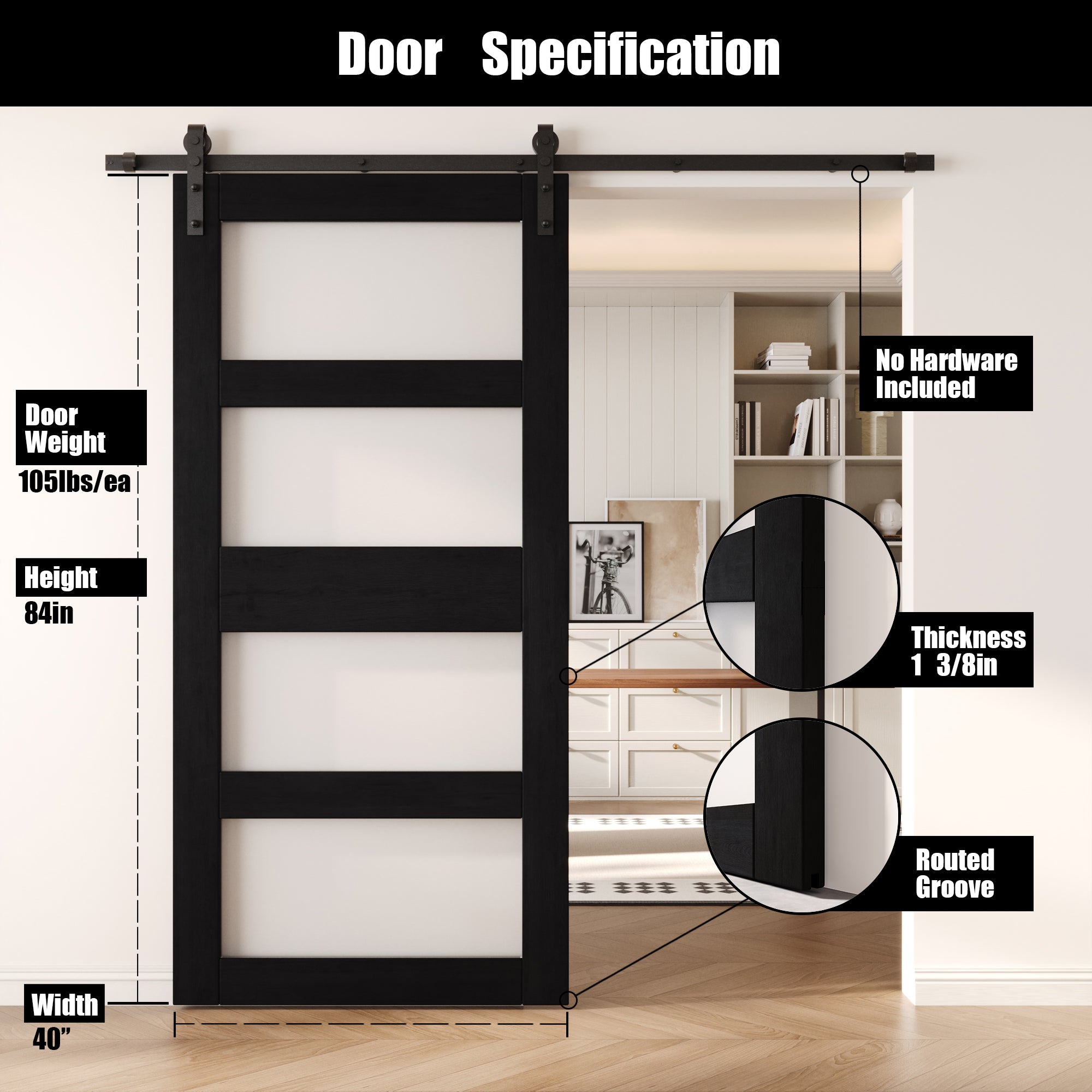84" Height Black 4-Lite Frosted Glass Unassembled & Finished Pine Wood Barn Door (Interior Use Only)