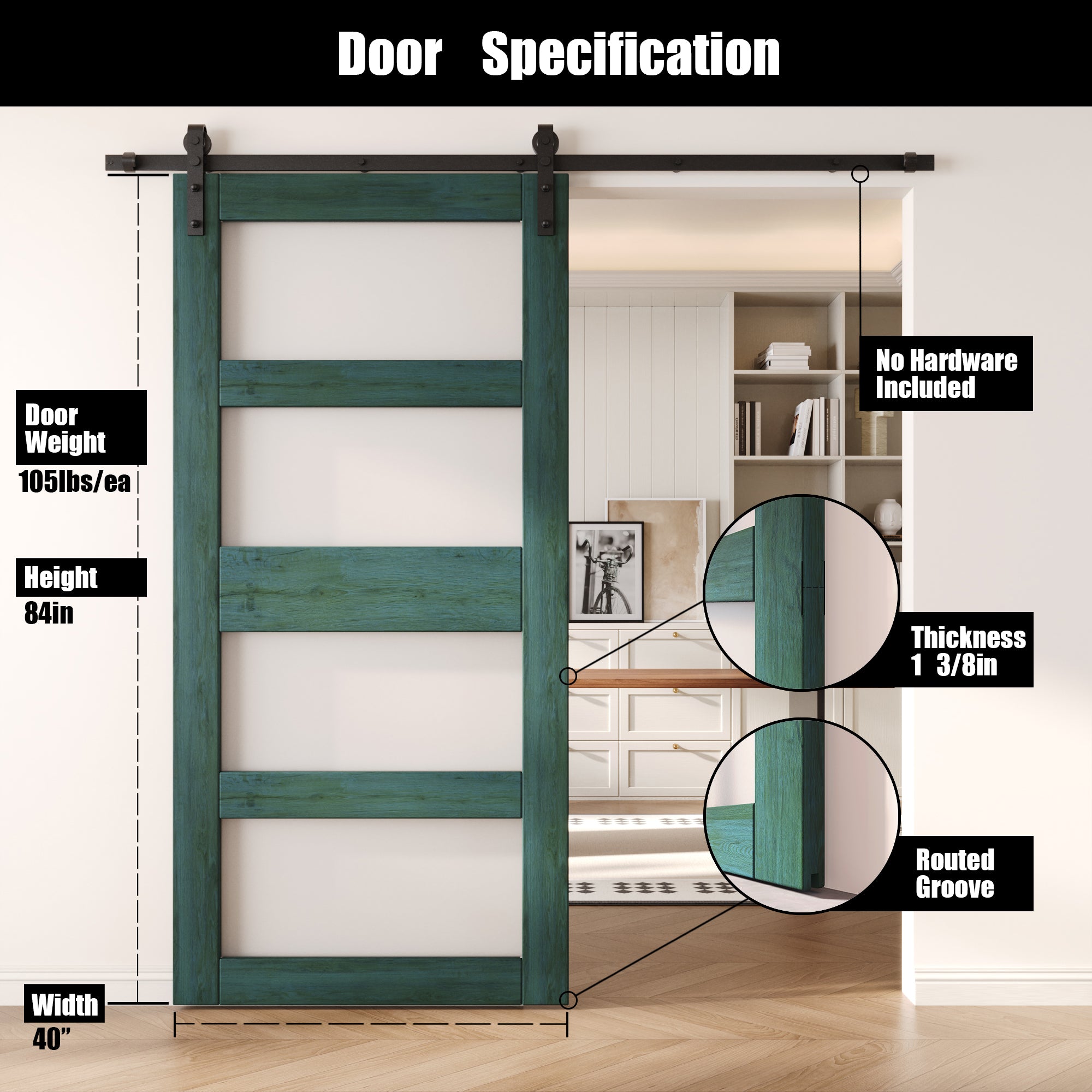 84" Height Royal Pine 4-Lite Frosted Glass Unassembled & Finished Pine Wood Barn Door (Interior Use Only)