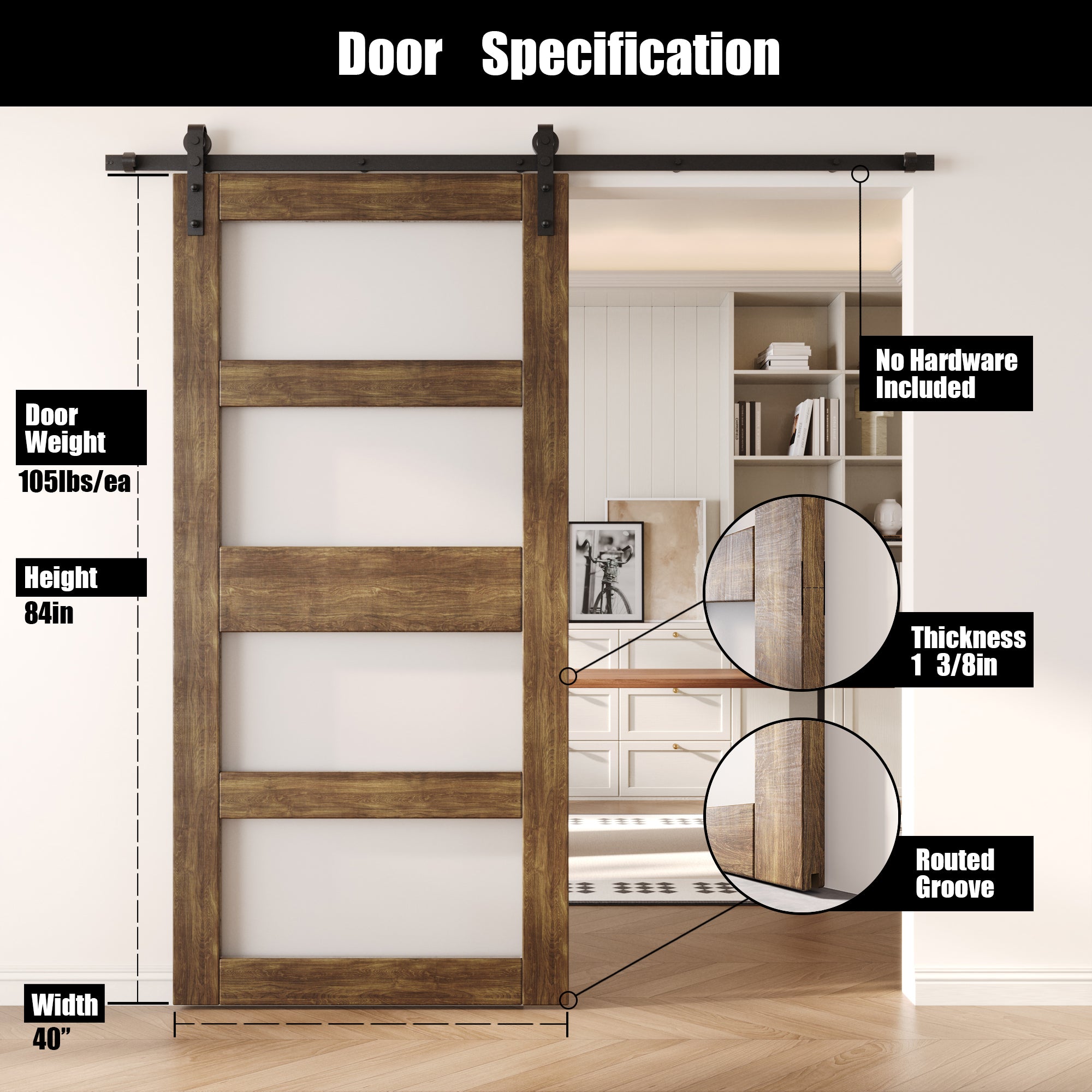 84" Height Dark Walnut 4-Lite Frosted Glass Unassembled & Finished Pine Wood Barn Door (Interior Use Only)