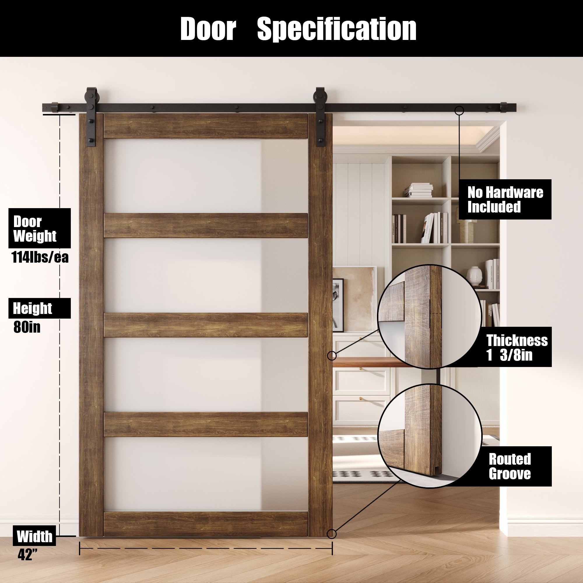 80" Height Dark Walnut 4-Lite Frosted Glass Unassembled & Finished Pine Wood Barn Door (Interior Use Only)