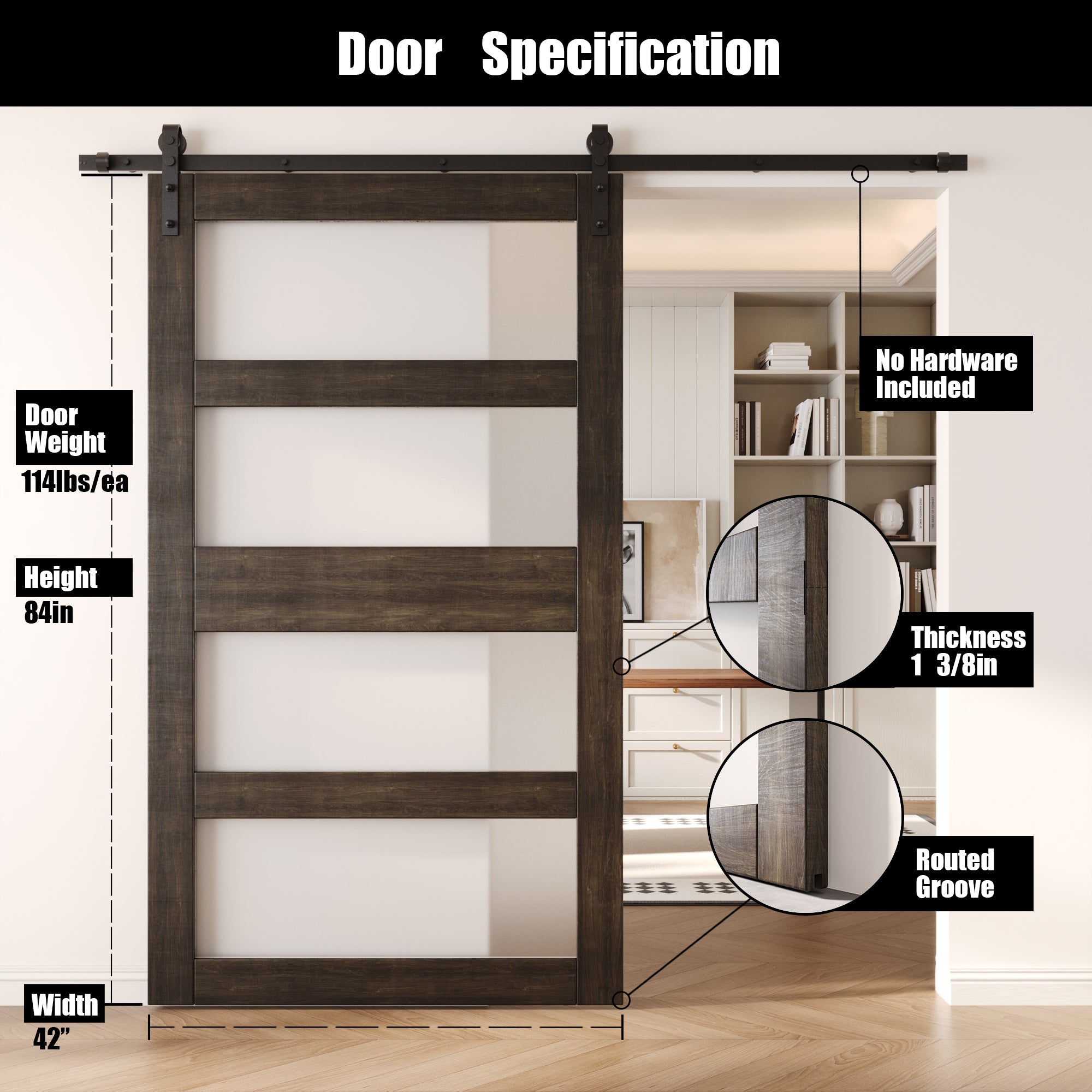 84" Height Ebony 4-Lite Frosted Glass Unassembled & Finished Pine Wood Barn Door (Interior Use Only)