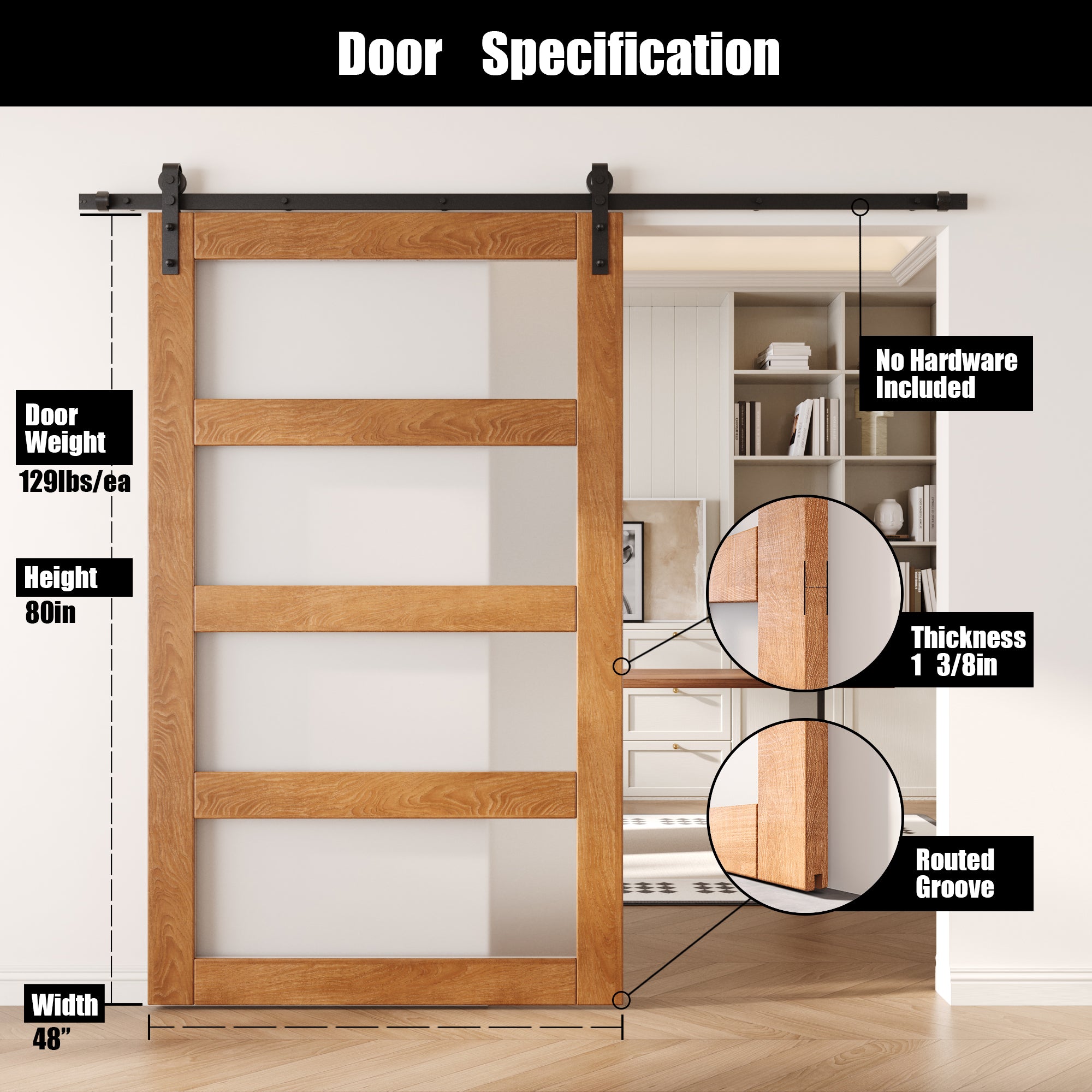 80" Height Early American 4-Lite Frosted Glass Unassembled & Finished Pine Wood Barn Door (Interior Use Only)