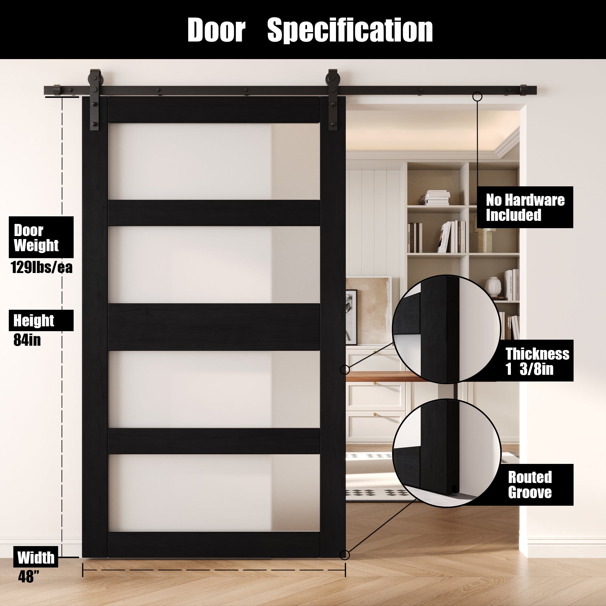 84" Height Black 4-Lite Frosted Glass Unassembled & Finished Pine Wood Barn Door (Interior Use Only)
