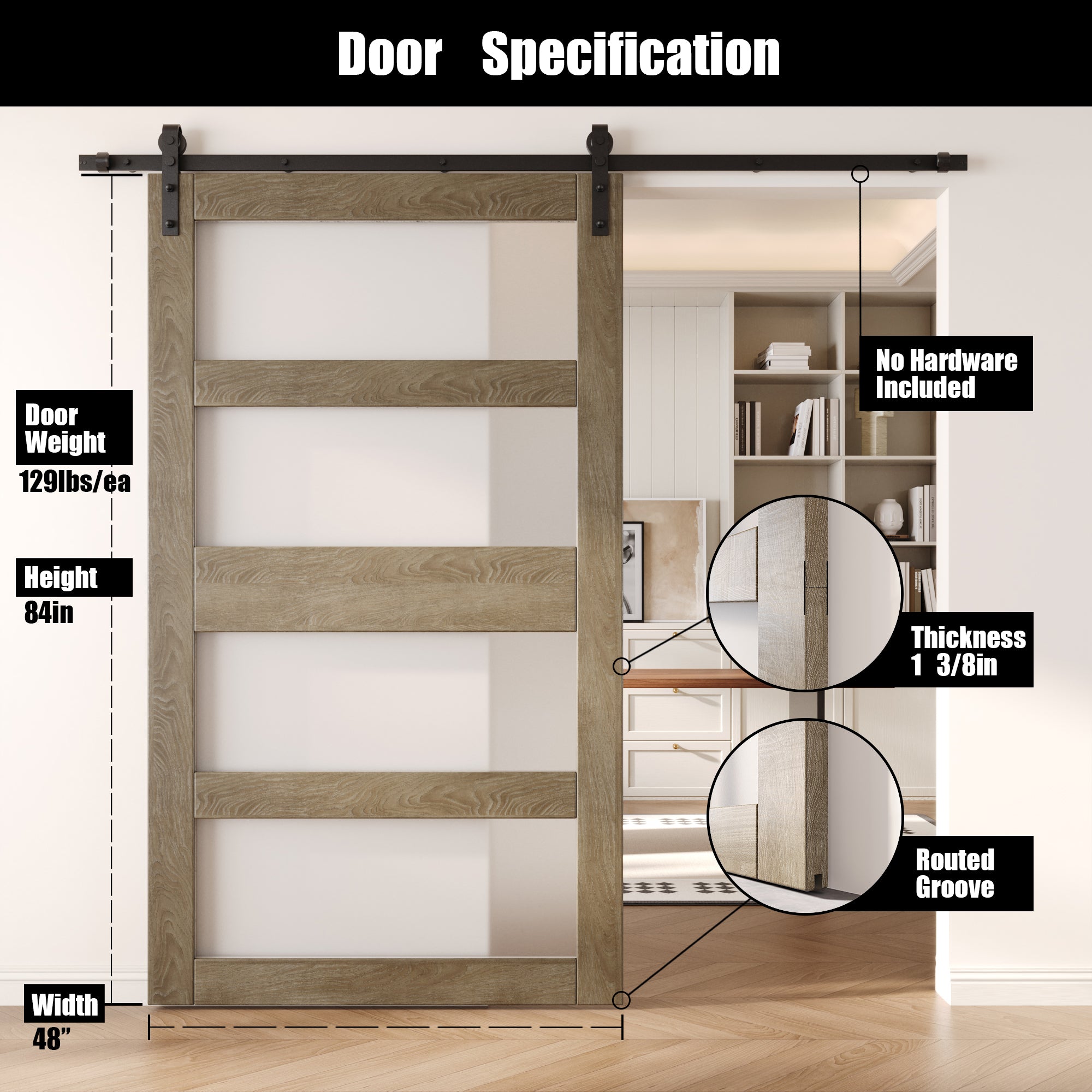 84" Height Classic Gray 4-Lite Frosted Glass Unassembled & Finished Pine Wood Barn Door (Interior Use Only)