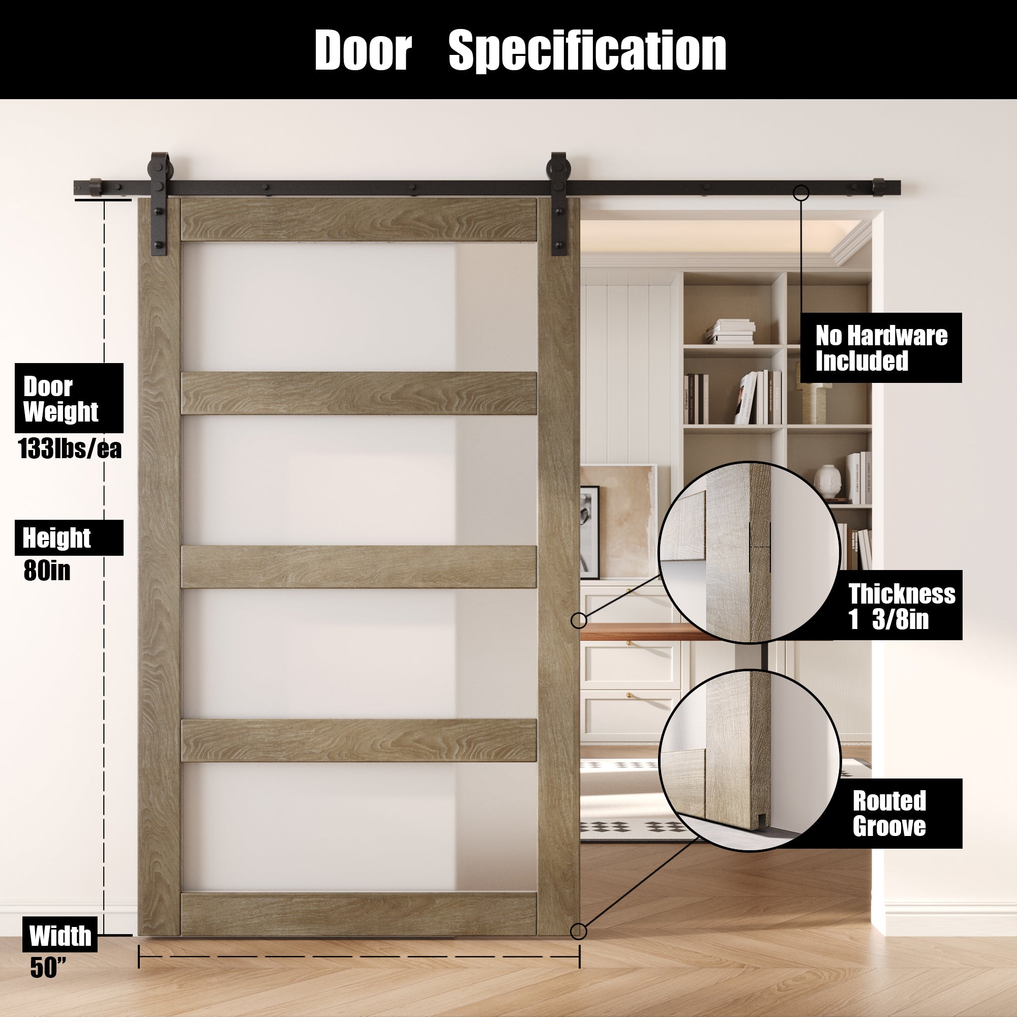 80" Height Classic Gray 4-Lite Frosted Glass Unassembled & Finished Pine Wood Barn Door (Interior Use Only)