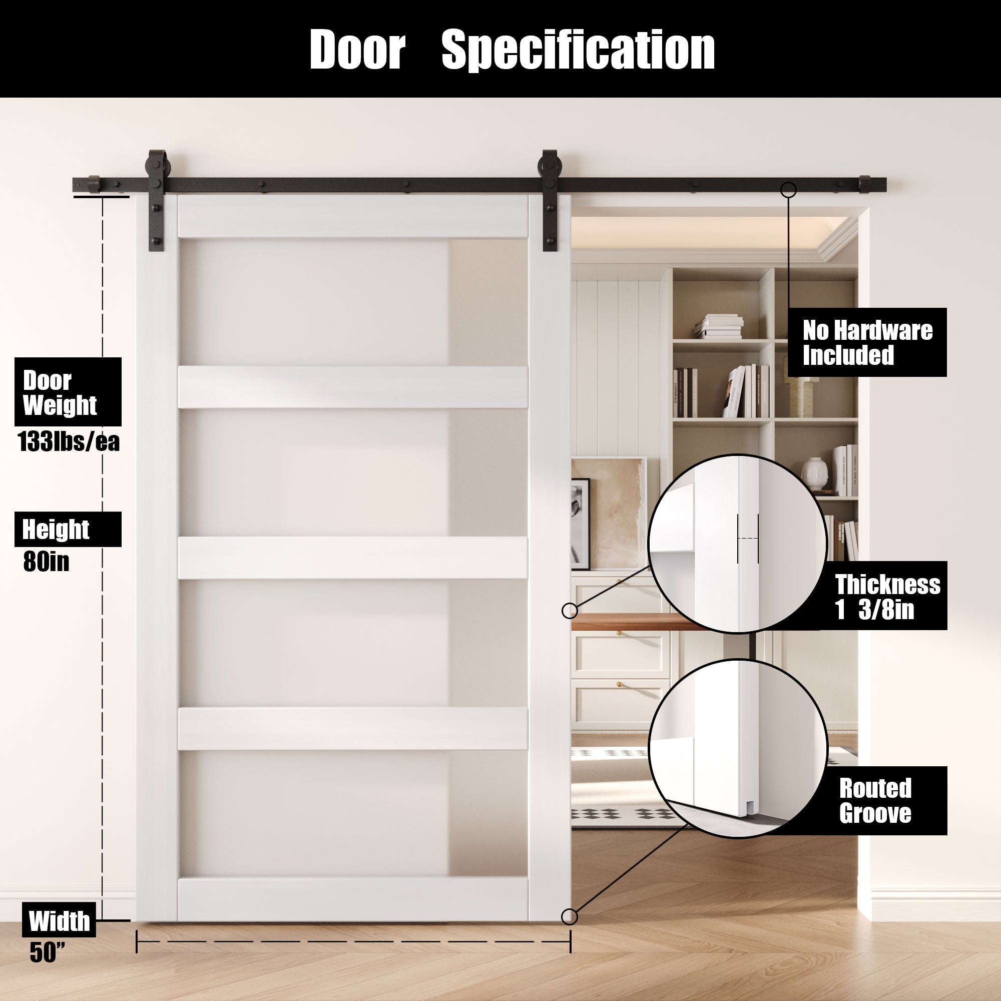 80" Height White 4-Lite Frosted Glass Unassembled & Finished Pine Wood Barn Door (Interior Use Only)