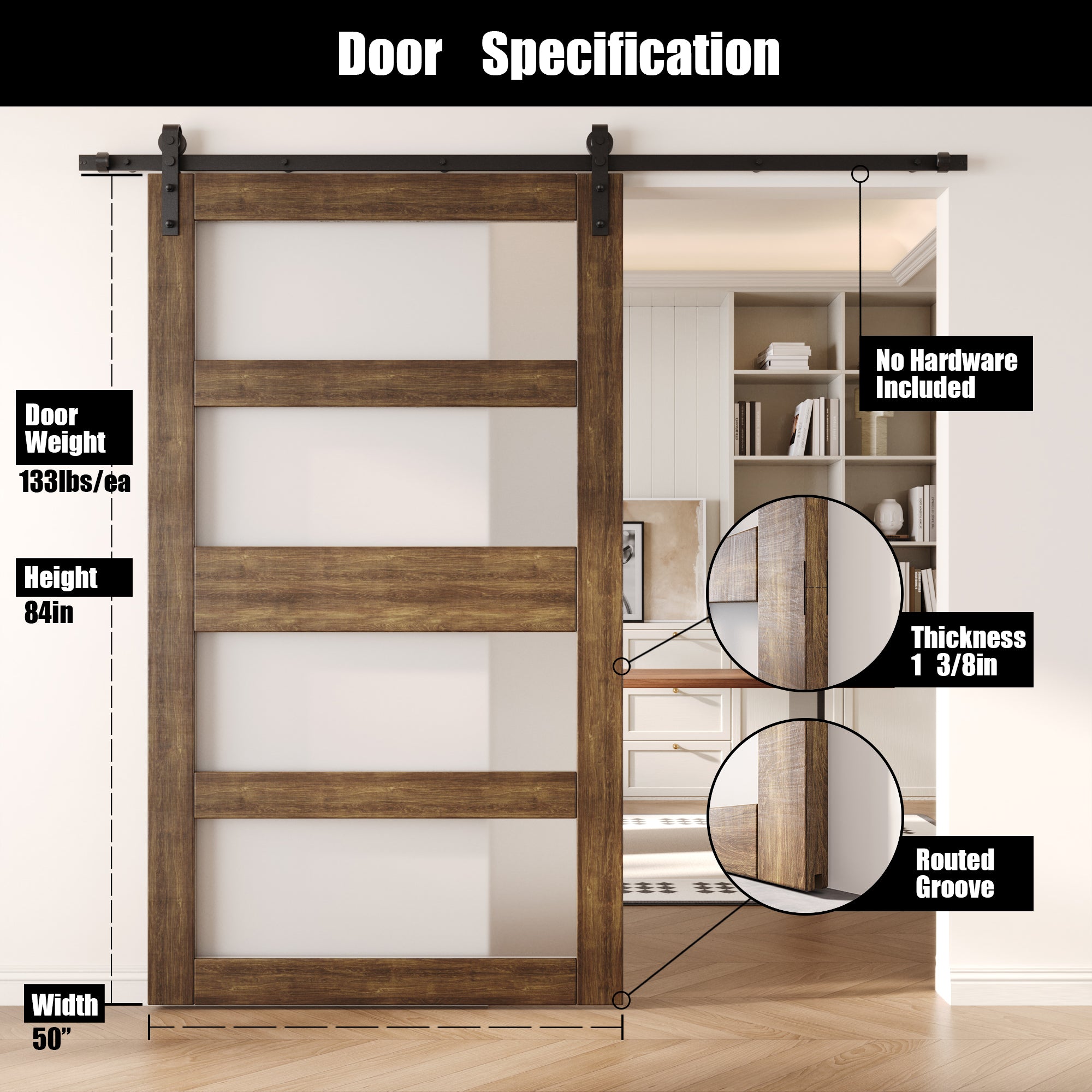 84" Height Dark Walnut 4-Lite Frosted Glass Unassembled & Finished Pine Wood Barn Door (Interior Use Only)
