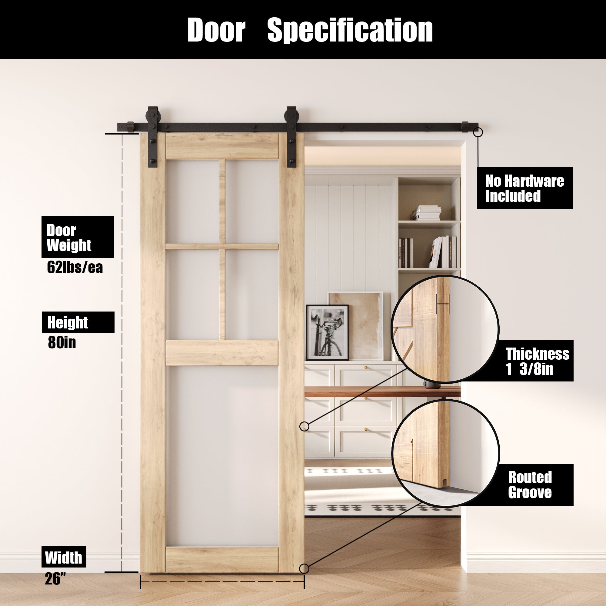 80" Height 5-Lite Frosted Glass Unassembled & Unfinished Pine Wood Barn Door (Interior Use Only)